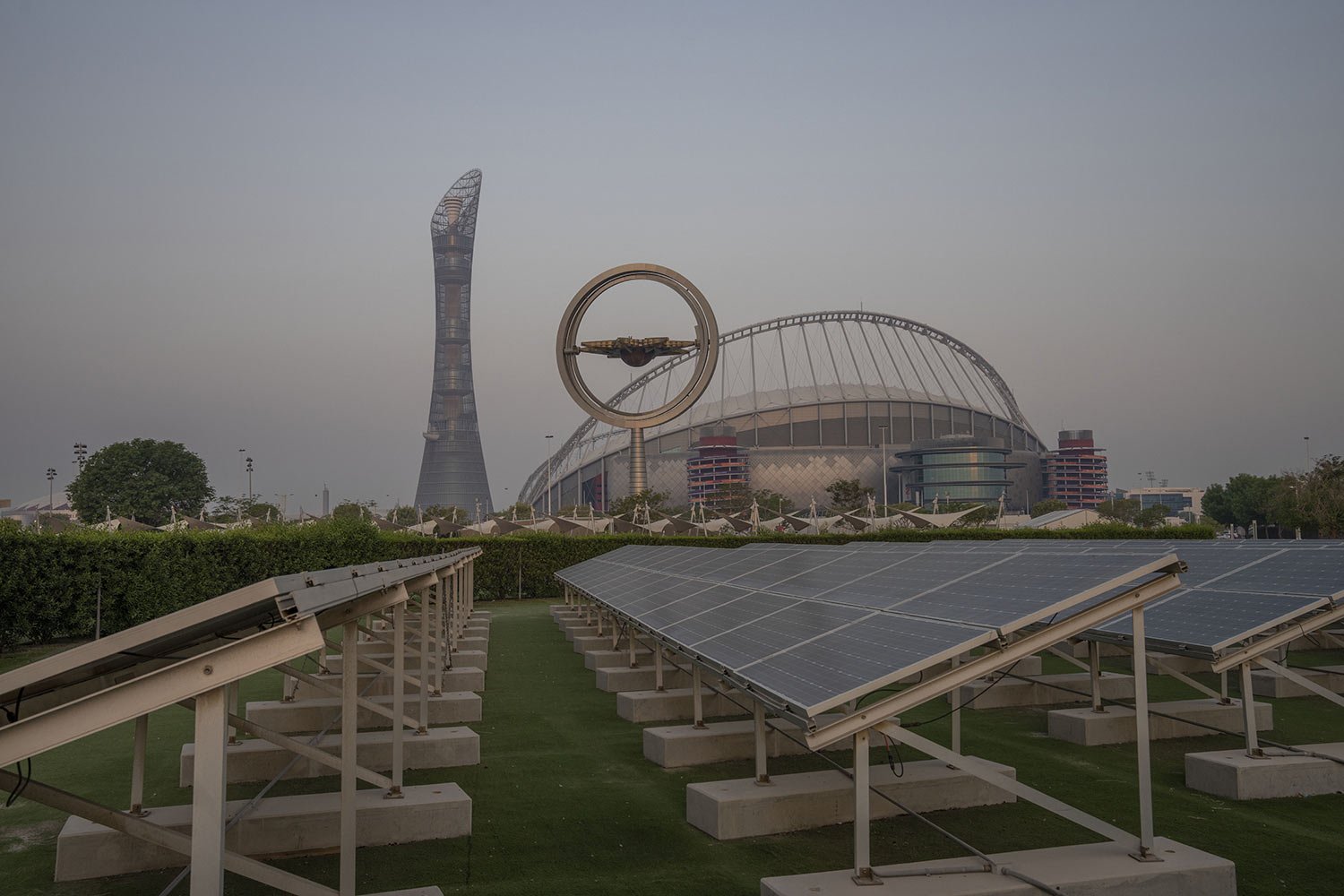  Solar panels stand on grounds in front of Khalifa International Stadium, also known as Qatar's national and oldest stadium, which will host matches during the FIFA World Cup 2022, in Doha, Qatar, Saturday, Oct. 15, 2022. (AP Photo/Nariman El-Mofty) 