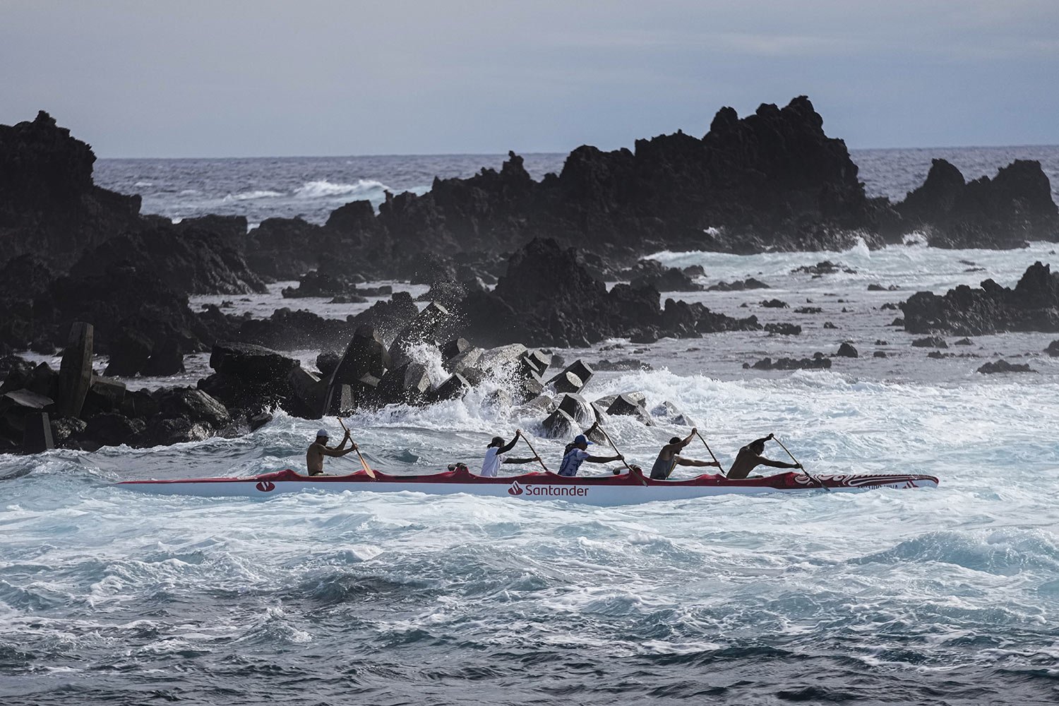 Crew members train for the Hoki Mai challenge, a voyage that covers almost 500 kilometers, or about 300 miles across a stretch of the Pacific Ocean, in Rapa Nui, a territory that is part of Chile and is better known as Easter Island, Thursday, Nov. 