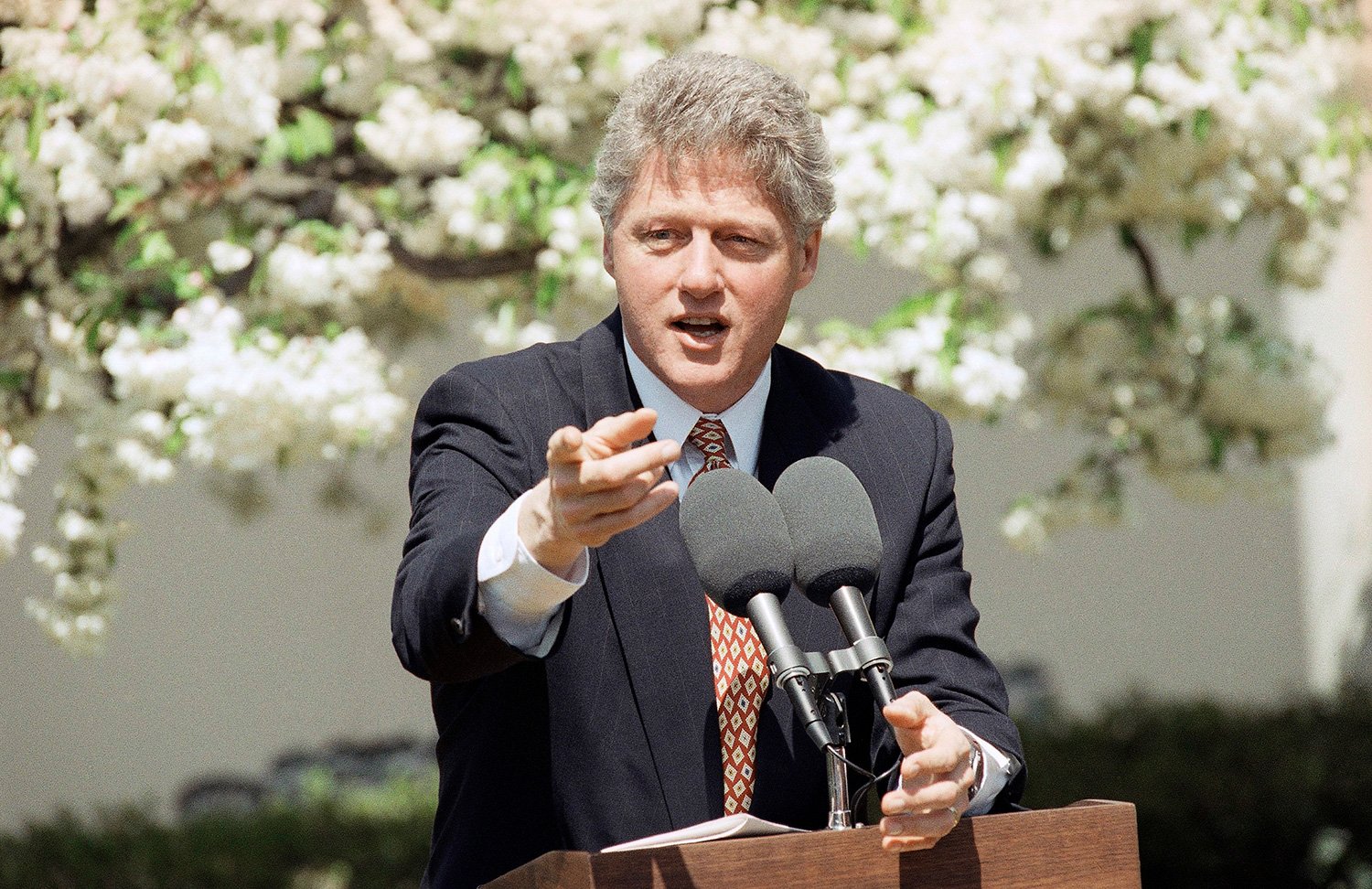  President Bill Clinton calls on a questioner during a news conference in the Rose Garden of the White House in Washington, Tuesday, April 21, 1993 to discuss the situation in Waco, Texas. The President ordered the Justice Department and the Treasury