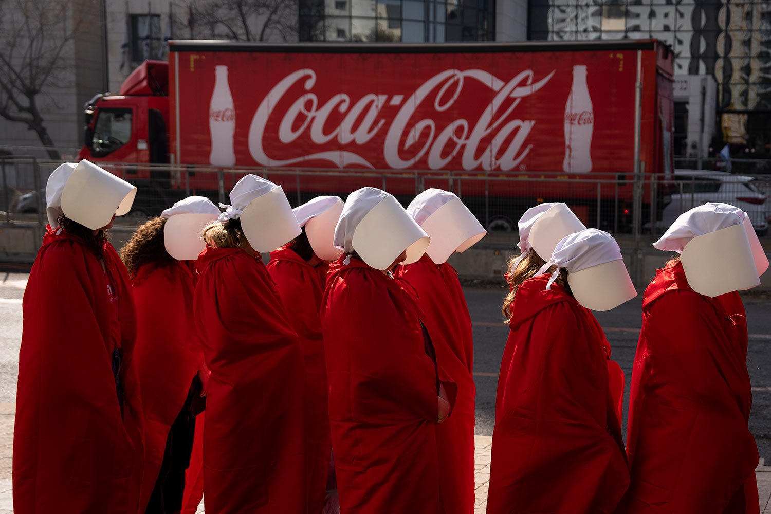  Protesters supporting women's rights dressed as characters from The Handmaid's Tale TV series attend a protest against plans by Prime Minister Benjamin Netanyahu's new government to overhaul the judicial system in Tel Aviv, Israel, Monday, Feb. 20, 