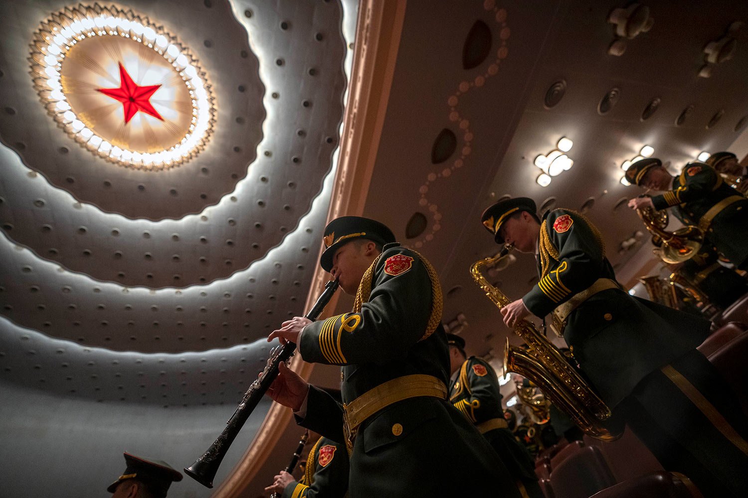  Members of a military band rehearse before a session of China's National People's Congress (NPC) at the Great Hall of the People in Beijing, Saturday, March 11, 2023. (AP Photo/Mark Schiefelbein) 