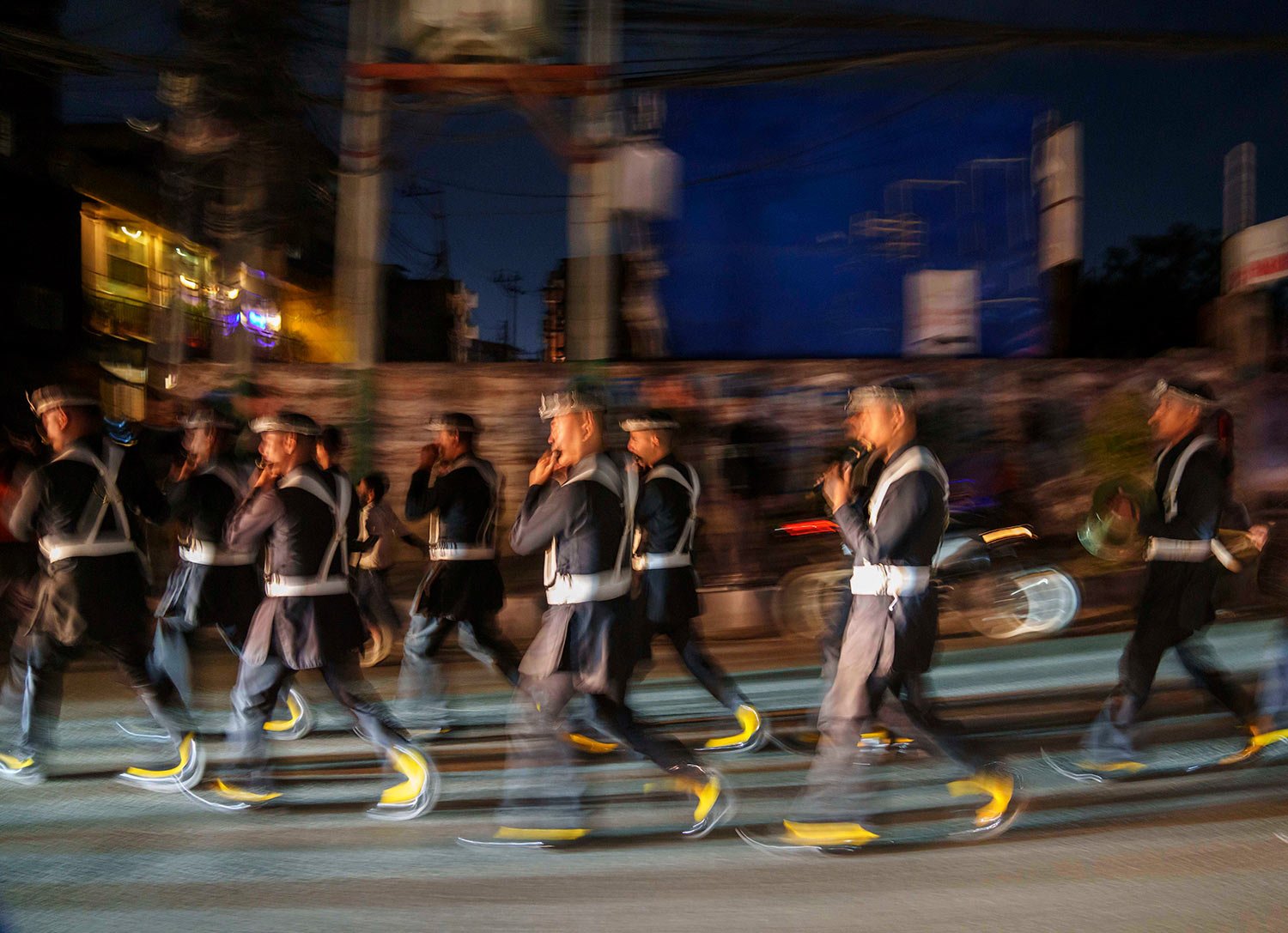  Nepalese soldiers play traditional music during an annual Rato Machindranath chariot festival in Lalitpur, Nepal, Nepal, Friday, April 21, 2023.  (AP Photo/Niranjan Shrestha) 