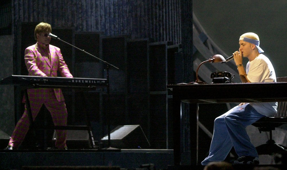  Elton John, left, and Eminem perform together on stage at the 43rd annual Grammy Awards Wednesday, Feb. 21, 2001, at the Staples Center in Los Angeles. (AP Photo/Kevork Djansezian) 