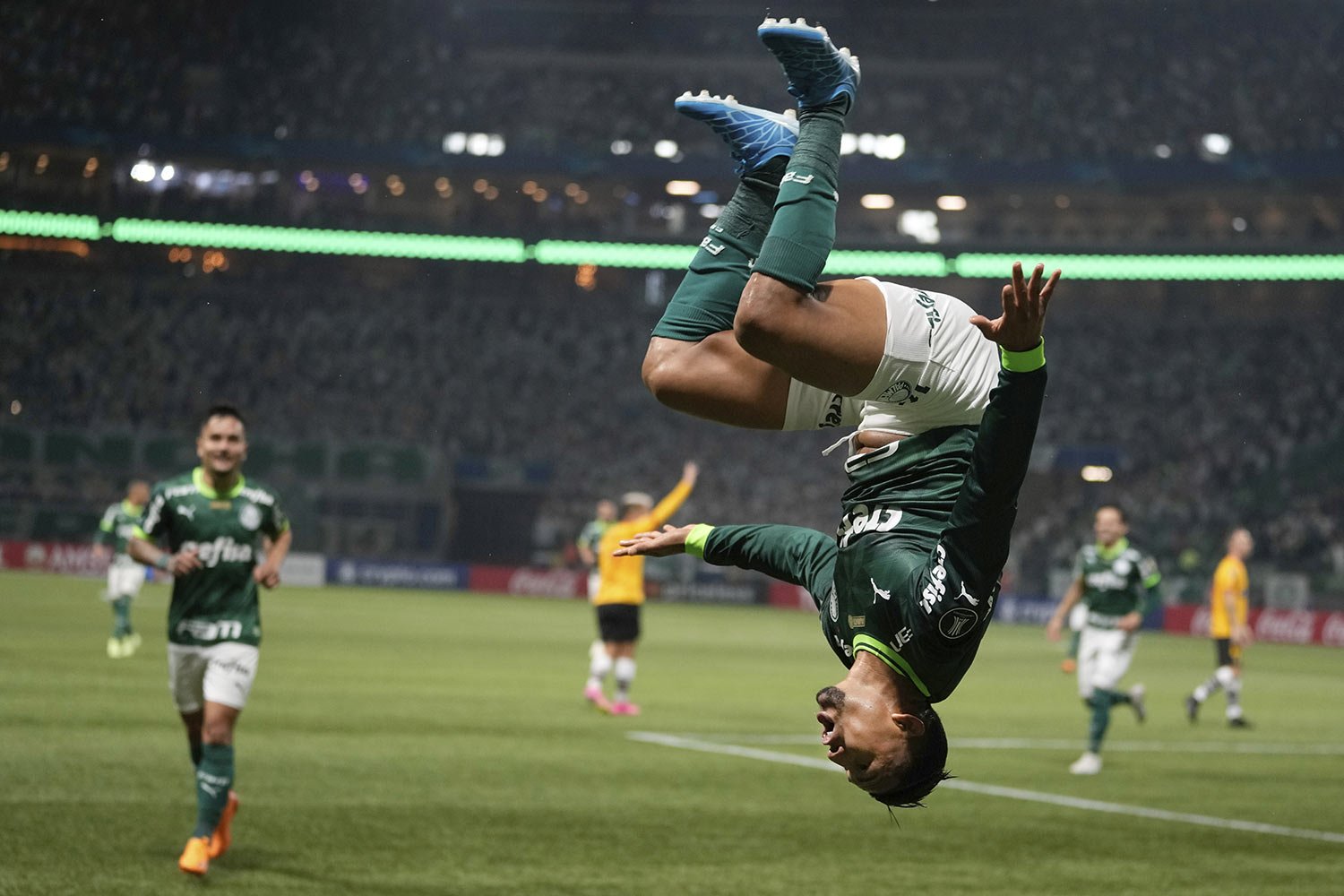  Rony of Brazil's Palmeiras does a backflip as he celebrates a goal that was later disallowed by the referee for an offside decision during a Copa Libertadores Group C soccer match against Ecuador's Barcelona at the Allianz Parque stadium in Sao Paul