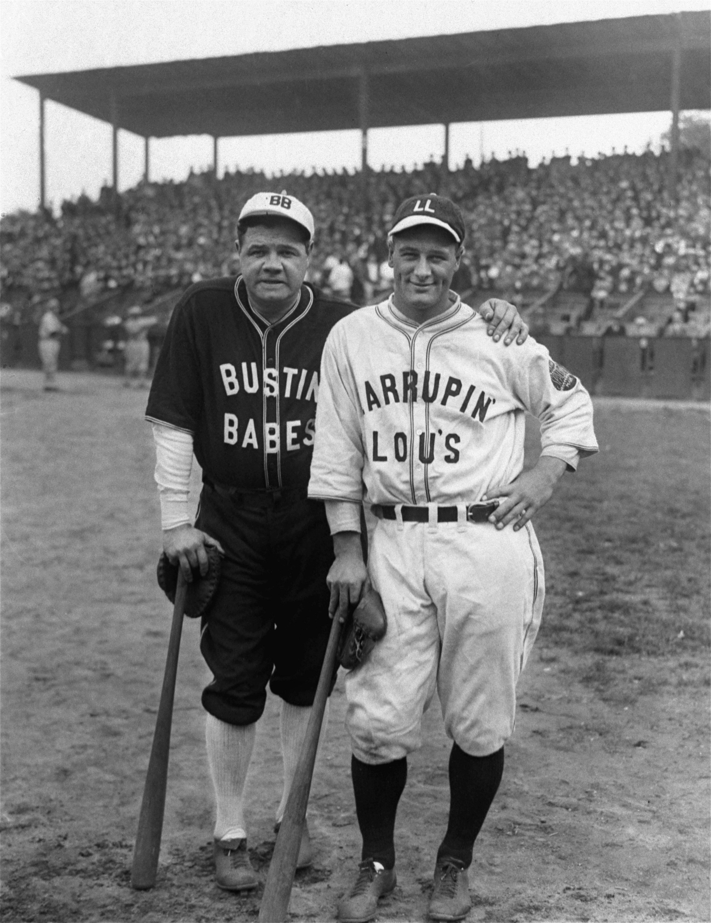  Just a few days after sweeping the Pittsburgh Pirates in the World Series, New York Yankees stars Babe Ruth, left, and Lou Gehrig pose at an exhibition game during a postseason barnstorming tour, October 1927. The "Bustin' Babes" and the "Larrupin' 