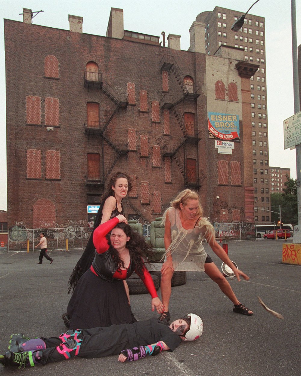  Members of Expanded Arts theater rehearse a scene from William Shakepeare's Macbeth in a parking lot on Manhattan's Lower East Side before a performance Wednesday, Aug. 13, 1997.  Clockwise from lower left are; Harriet Spitzer as Fleance, Cassie Rol