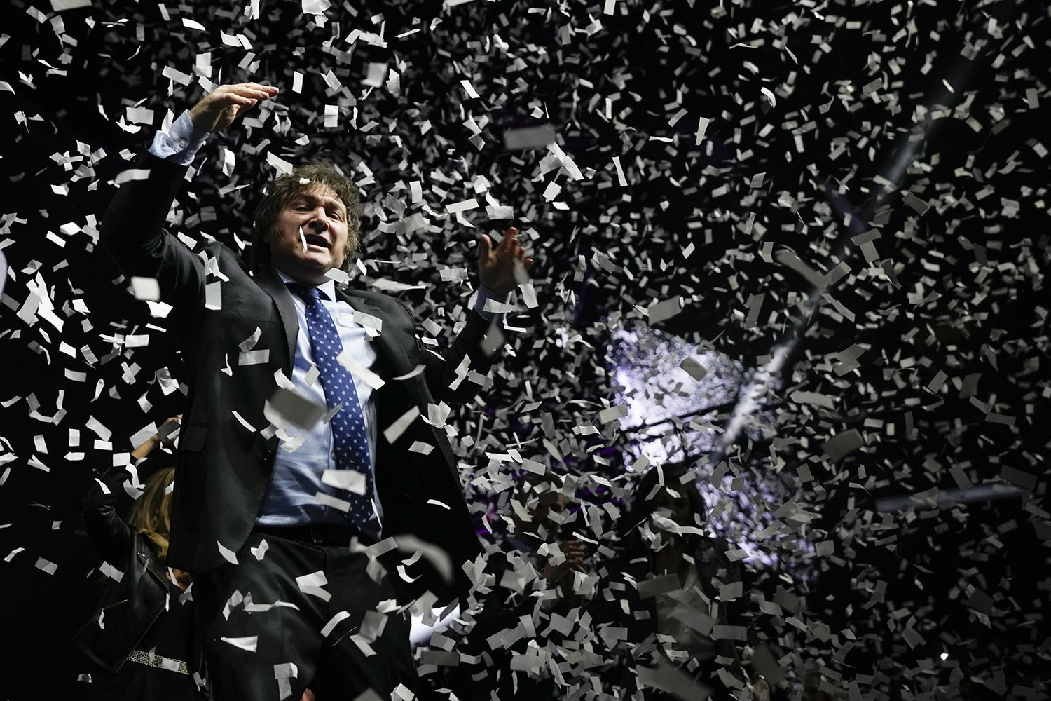  Presidential hopeful Javier Milei holds a rally ahead of primary elections in Buenos Aires, Argentina, Aug. 7, 2023.(AP Photo/Natacha Pisarenko) 
