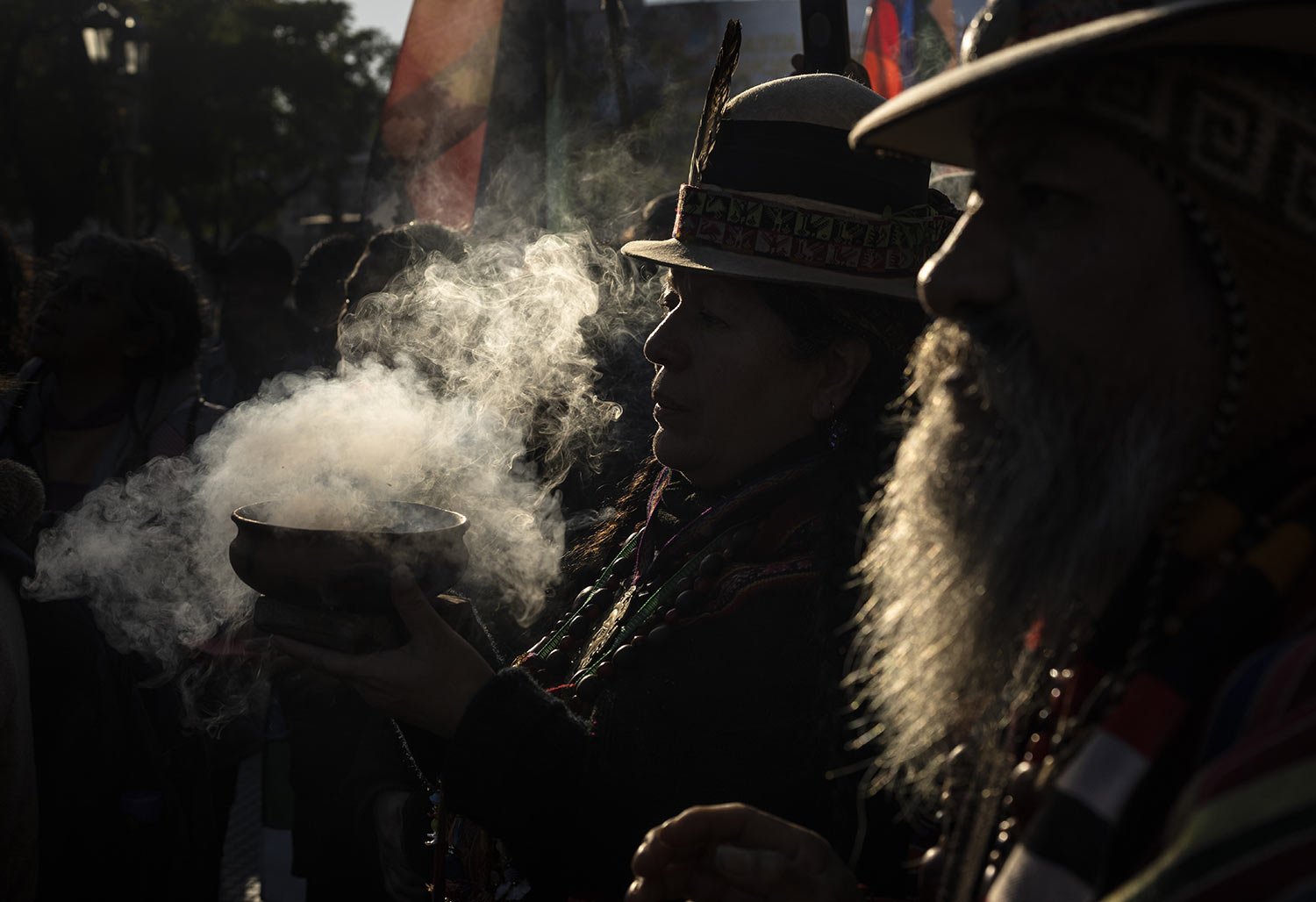  Indigenous leaders from the Jujuy province burn incense during the celebrations of Mother Earth Day in Buenos Aires, Argentina, Aug. 1, 2023. The group's gathering is also a protest against a provincial constitutional reform they claim is an attempt