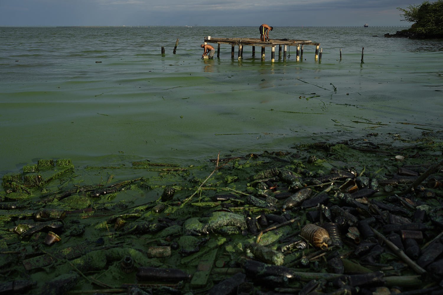  A thick greenish film covers trash and plastics polluting the waters of Lake Maracaibo, as fishermen prepare their bait in the background, in Maracaibo, Venezuela, Aug. 10, 2023. (AP Photo/Ariana Cubillos) 
