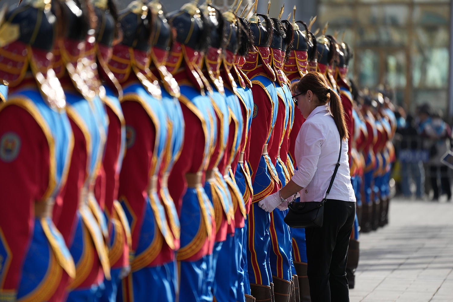  Members of an honor guard line up, Saturday, Sept. 2, 2023, in Sukhbaatar Square in Ulaanbaatar where Mongolian President Ukhnaagiin Khurelsukh and Pope Francis will meet. (AP Photo/Andrew Medichini) 