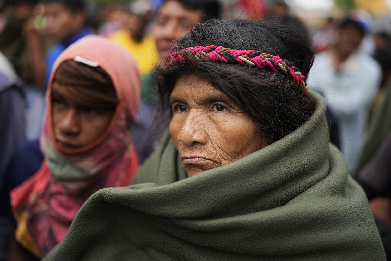  Indigenous people from the Mbya Guarani ethnic group attend the annual Indigenous Resistance March, on the Day of Resistance in Asuncion, Paraguay, Oct. 12, 2023. (AP Photo/Jorge Saenz) 