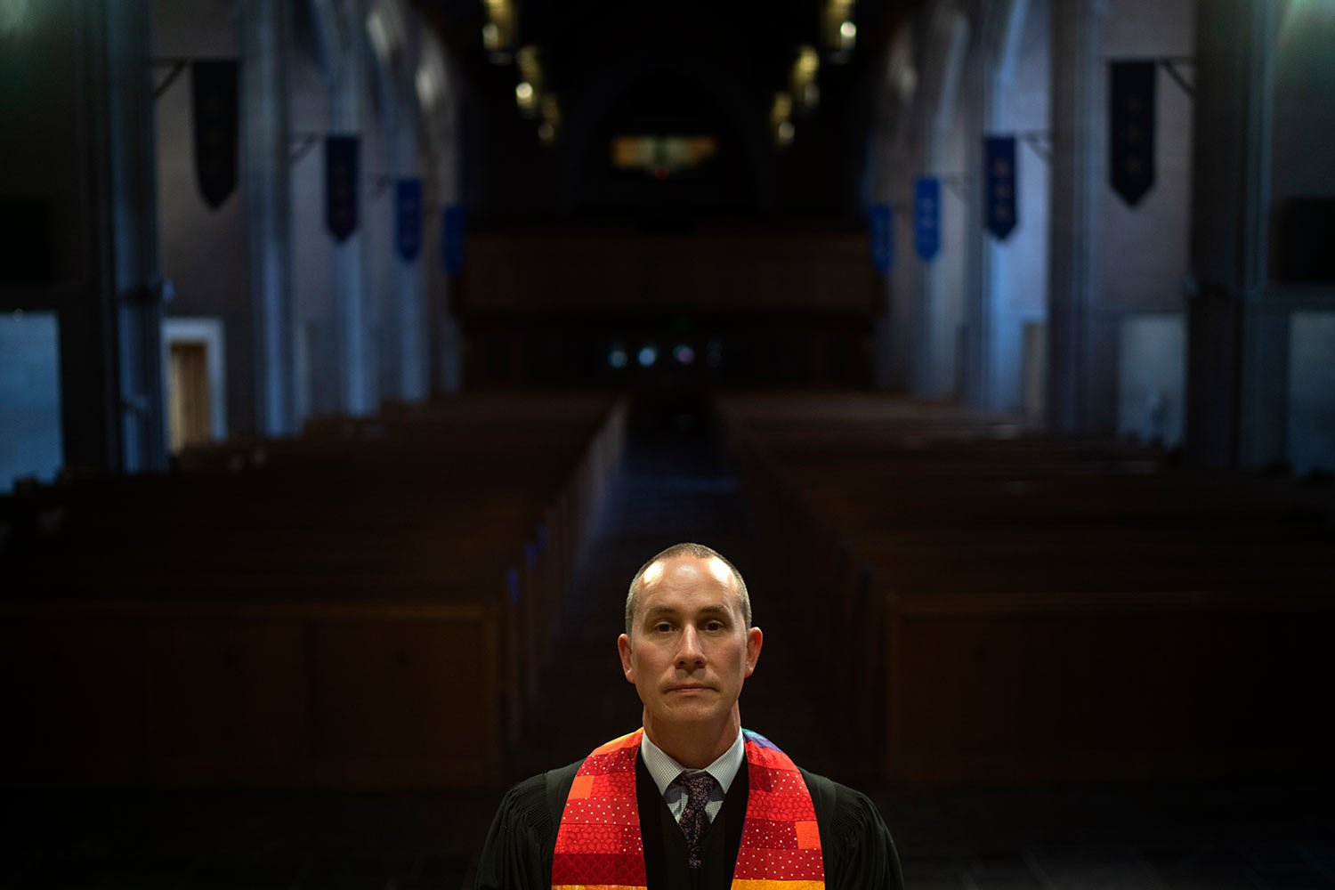  Rev. Stephen Cady stands for a portrait in the sanctuary of Asbury First United Methodist Church, Monday, Aug. 21, 2023, in Rochester, N.Y. (AP Photo/David Goldman)  