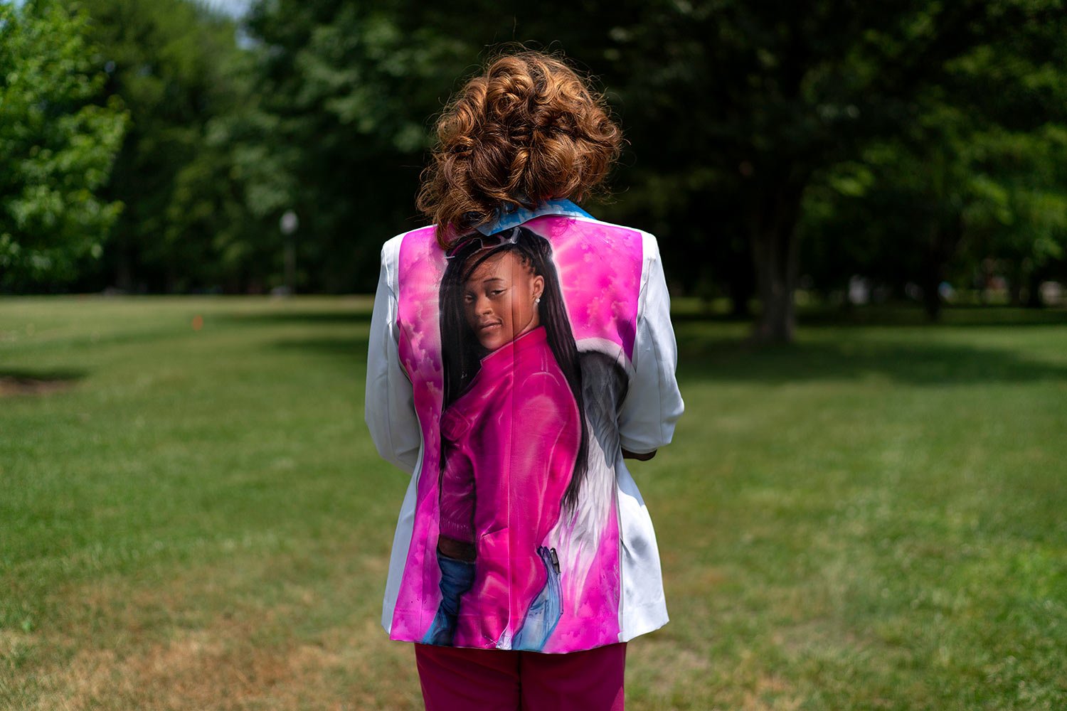  Candy Linear wears a jacket decorated with an image of her daughter, Nylah, who was shot and killed at the age of 16, as Linear attends a gun control rally in Louisville, Ky., Saturday, June 3, 2023. (AP Photo/David Goldman)  