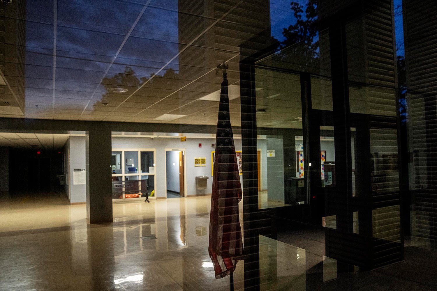  An American flag stands in the lobby of Heath High School in West Paducah, Ky., Sunday, June 4, 2023. (AP Photo/David Goldman)  