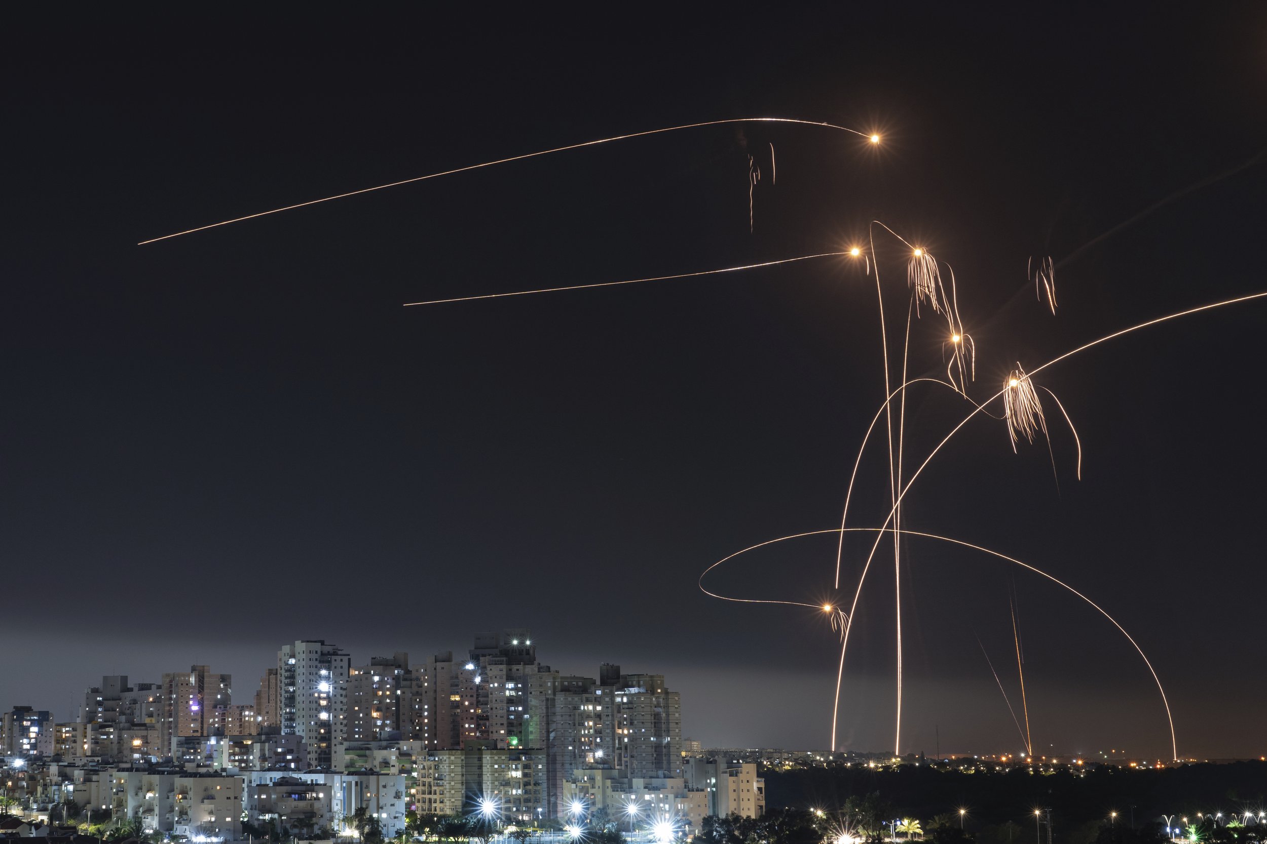  Israel's Iron Dome missile defense system fires interceptors at rockets launched from the Gaza Strip, as seen from Ashkelon, Israel, on May 11, 2023. (AP Photo/Tsafrir Abayov) 