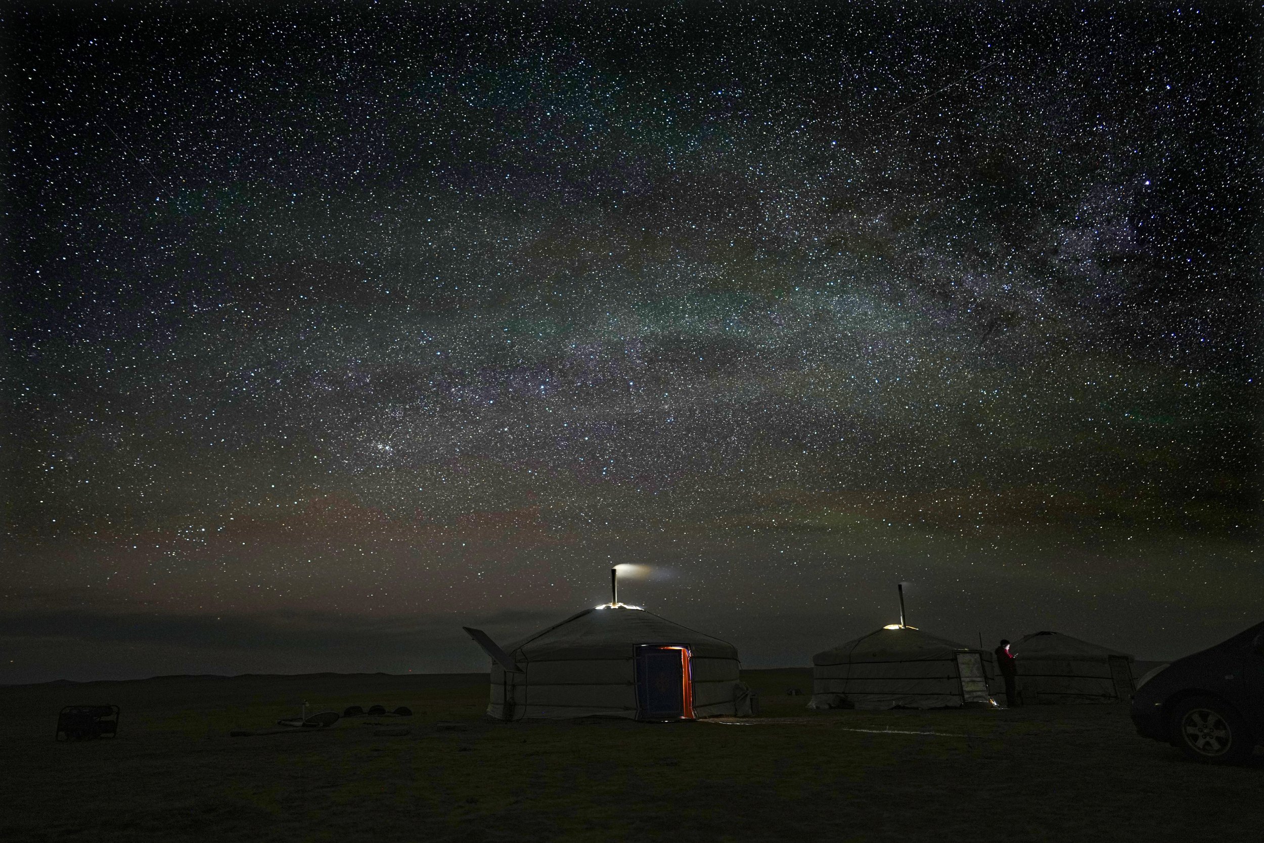  Stars light up the night sky over Lkhaebum's ger, a portable, round tent insulated with sheepskin, in the remote Munkh-Khaan region of the Sukhbaatar district in southeast Mongolia, on May 16, 2023. (AP Photo/Manish Swarup) 