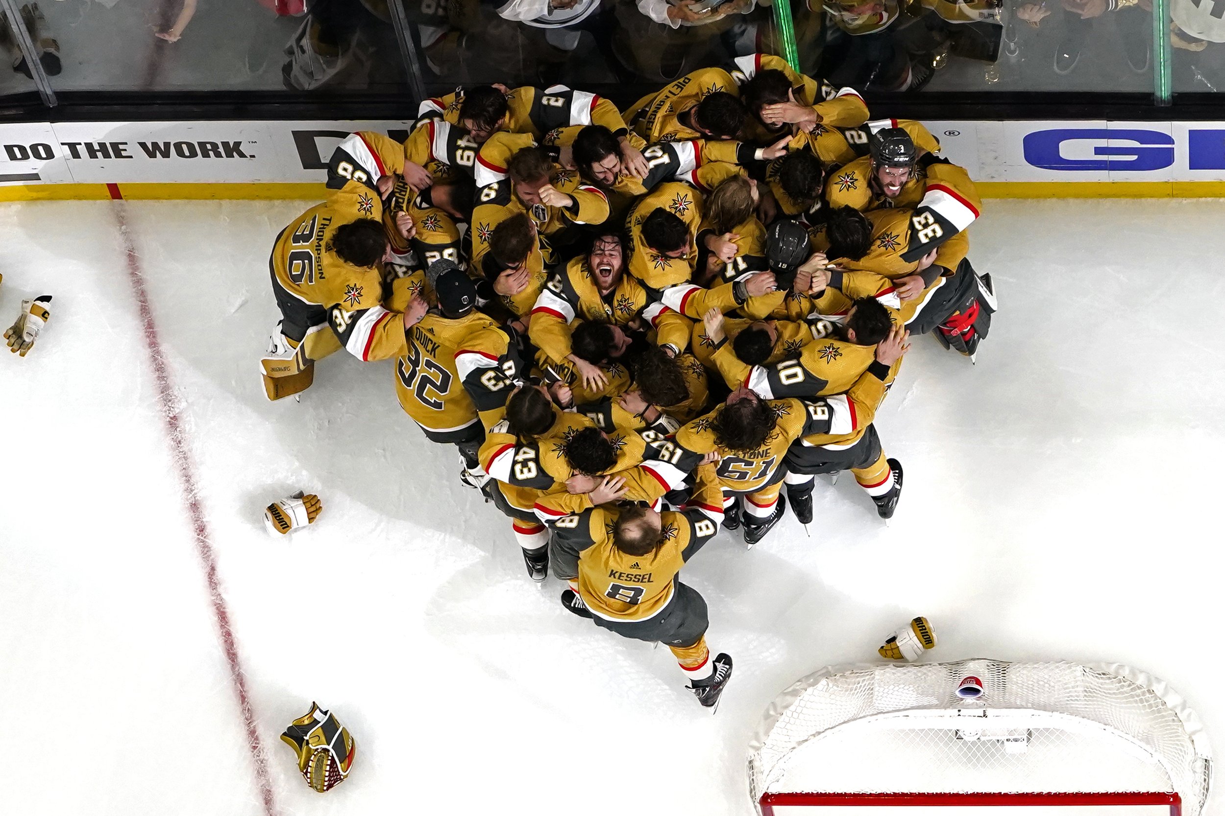  Members of the Vegas Golden Knights celebrate after defeating the Florida Panthers to win the Stanley Cup in Game 5 of the NHL hockey Stanley Cup Finals in Las Vegas on June 13, 2023. (AP Photo/Abbie Parr)  