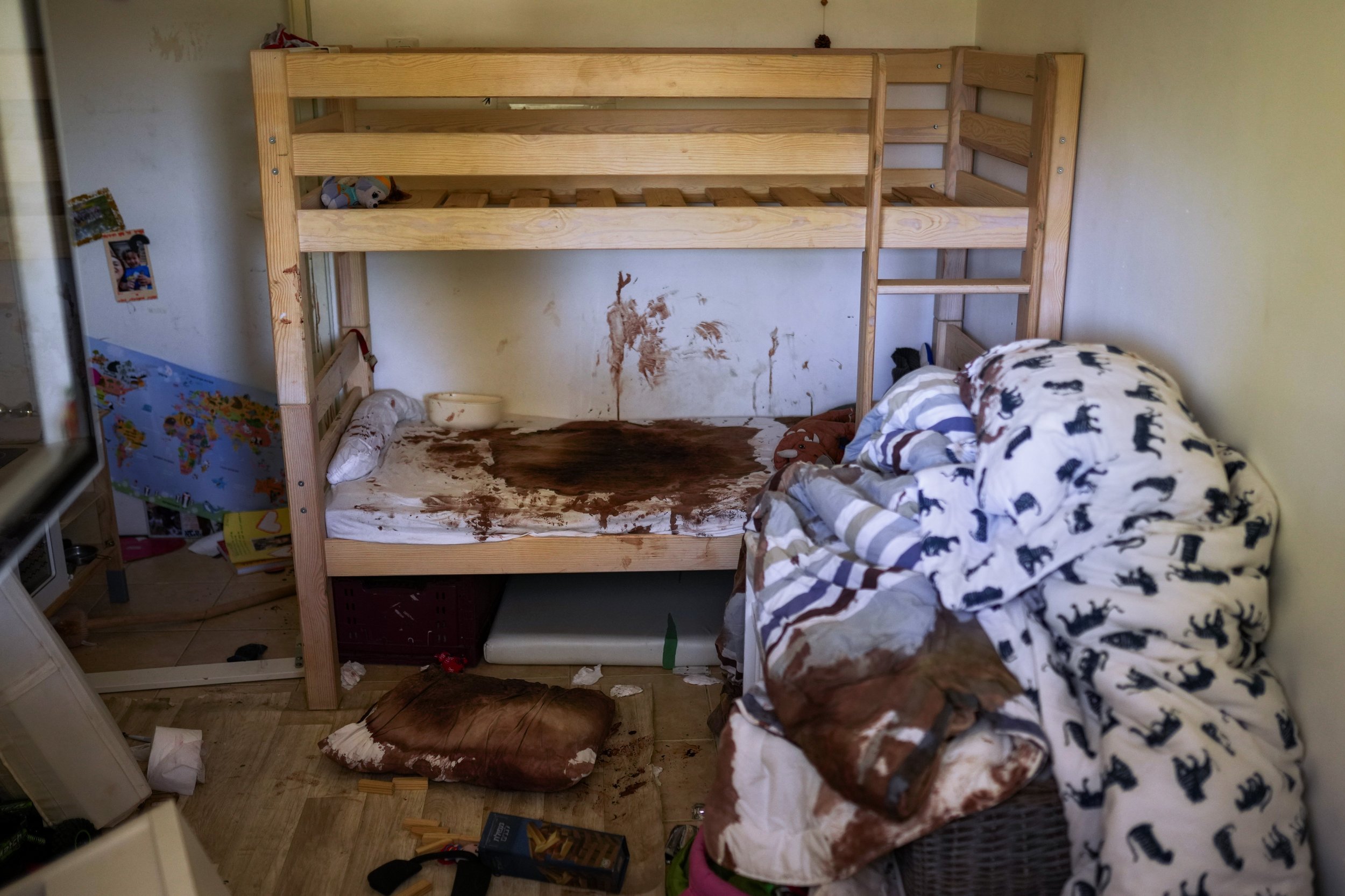  EDS NOTE: GRAPHIC CONTENT - Blood is splattered in a child's room following the Oct. 7 massacre by Hamas militants in Kibbutz Nir Oz, Israel, as seen on Oct. 19, 2023. Nir Oz is one of more than 20 towns and villages in southern Israel that were amb