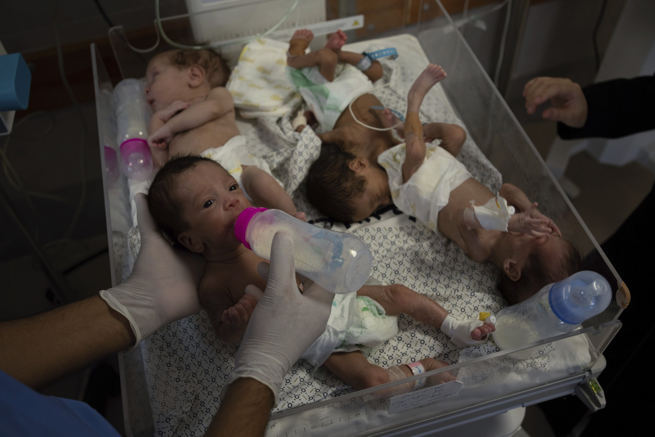  Medics prepare premature babies for transport to Egypt after they were evacuated from Shifa Hospital in Gaza City to a hospital further south in Rafah, on Nov. 20, 2023. (AP Photo/Fatima Shbair) 