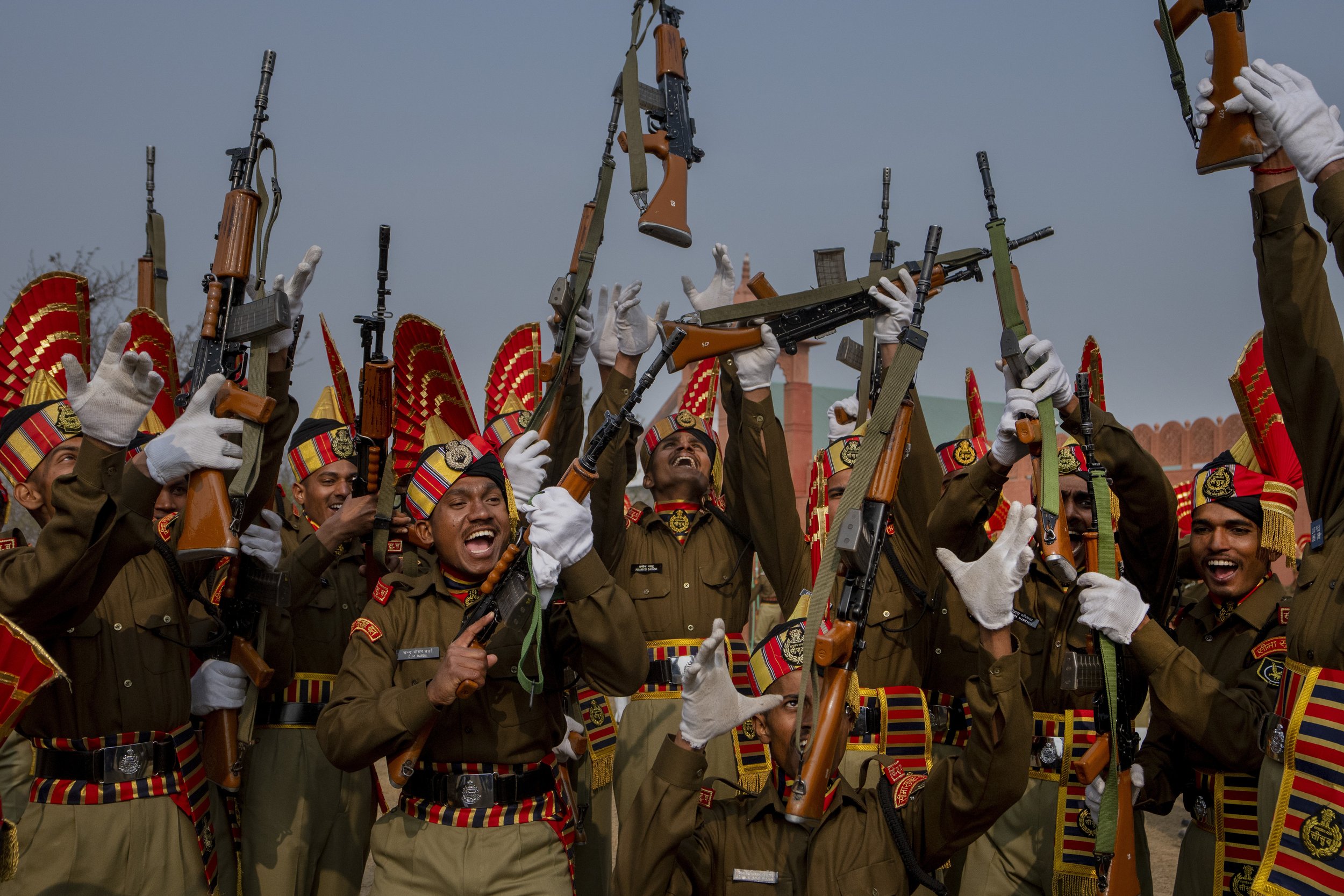  New recruits of the Indian Border Security Force (BSF) pose for a photo as they celebrate after their graduation parade in Humhama, on the outskirts of Srinagar, Indian controlled Kashmir, on Nov. 9, 2023. (AP Photo/Dar Yasin) 