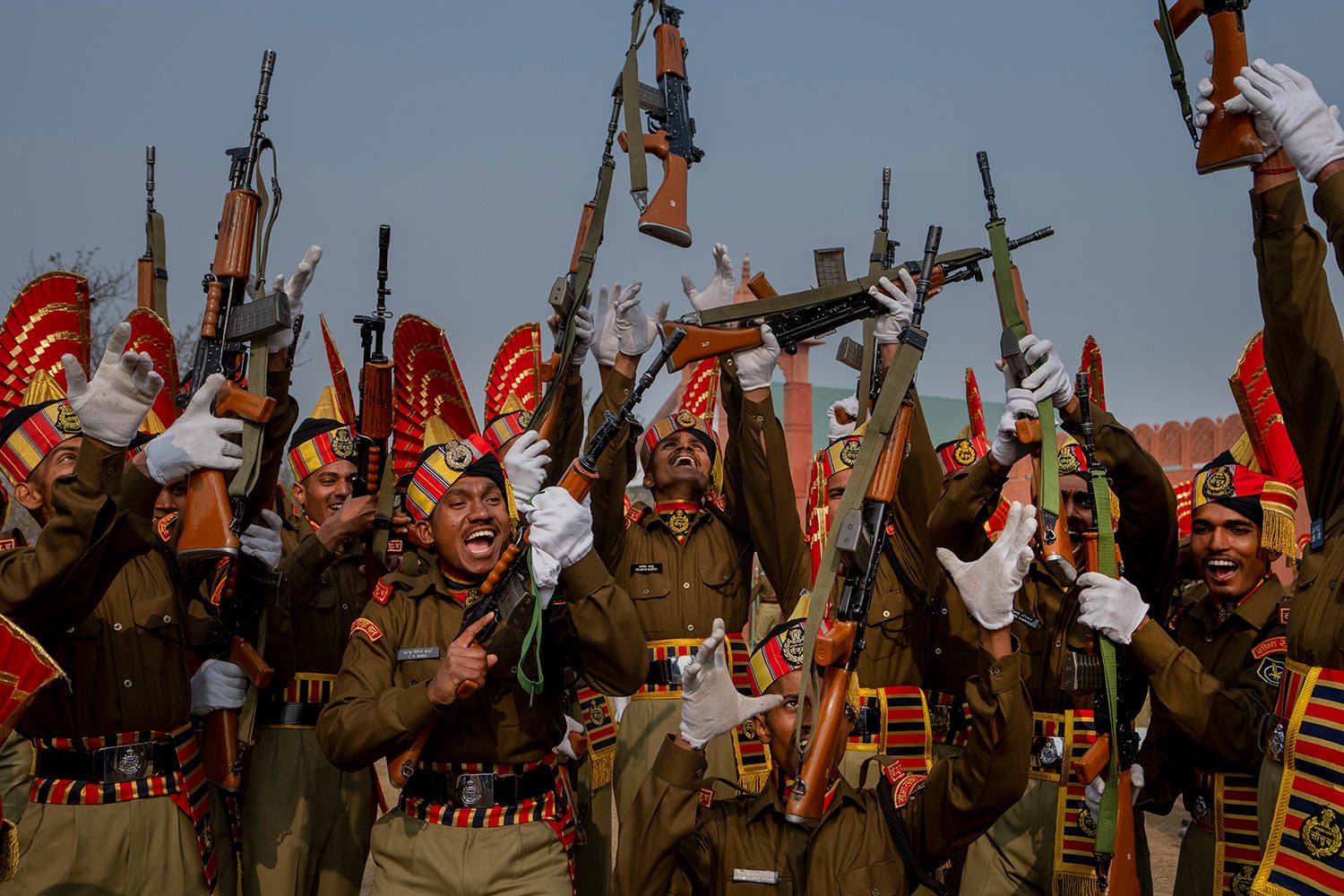  New recruits of the Indian Border Security Force (BSF) pose for photograph as they celebrate after their  graduation parade ceremony in Humhama, outskirts of Srinagar, Indian controlled Kashmir, Thursday, Nov. 9, 2023. (AP Photo/Dar Yasin) 