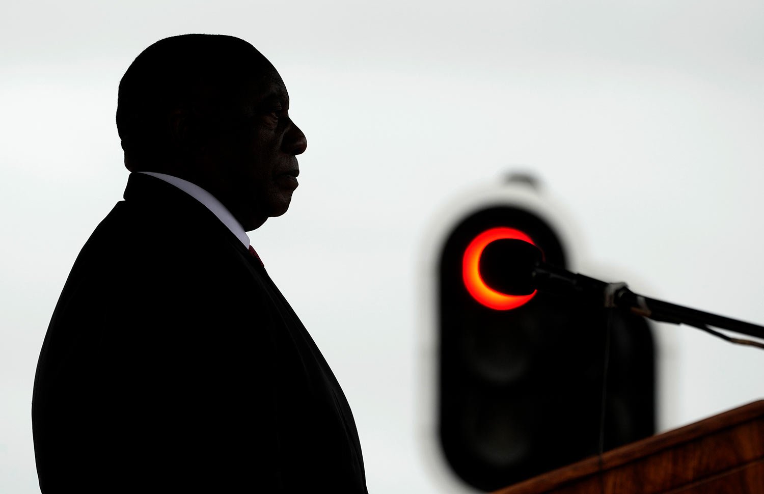  South African President Cyril Ramaphosa addresses members of the defence force during the Armed Forces Day in Richards Bay, South Africa, Tuesday, Feb. 21, 2023.  (AP Photo/Themba Hadebe) 