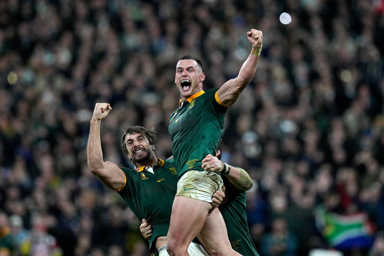  South Africa's Jesse Kriel, right, and South Africa's Eben Etzebeth celebrate after the Rugby World Cup final match between New Zealand and South Africa at the Stade de France in Saint-Denis, near Paris Saturday, Oct. 28, 2023. South Africa won the 