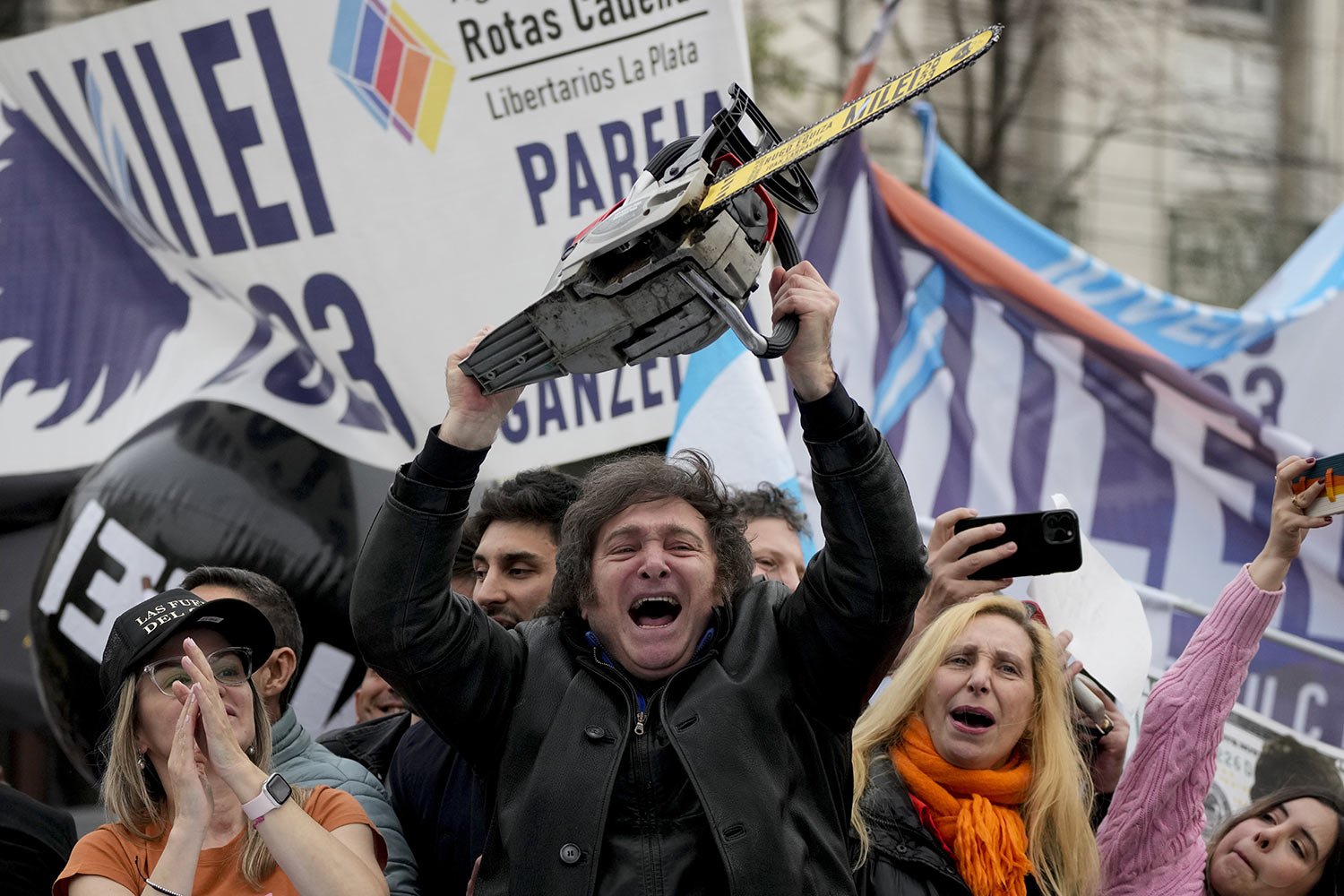  Presidential hopeful of the Liberty Advances coalition Javier Milei brandishes a chainsaw during a rally in La Plata, Argentina, Tuesday, Sept. 12, 2023.  Milei went on to win the country’s Nov. 19th presidential runoff. (AP Photo/Natacha Pisarenko)