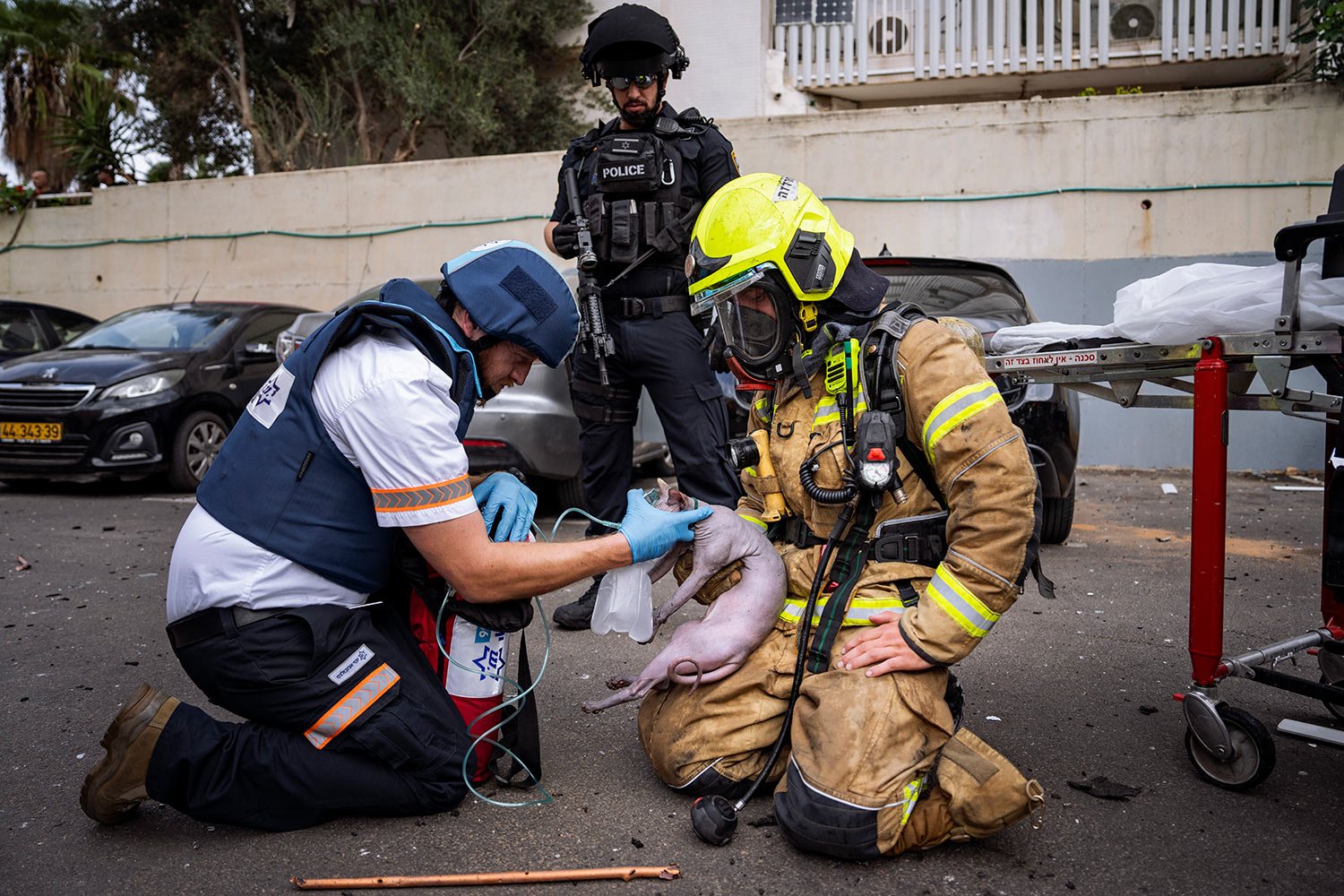  A firefighter and a paramedic deliver oxygen to an injured cat rescued from a building struck by a rocket fired from Gaza, in Tel Aviv, Israel, Friday, Oct. 27, 2023. (AP Photo/Oded Balilty) 