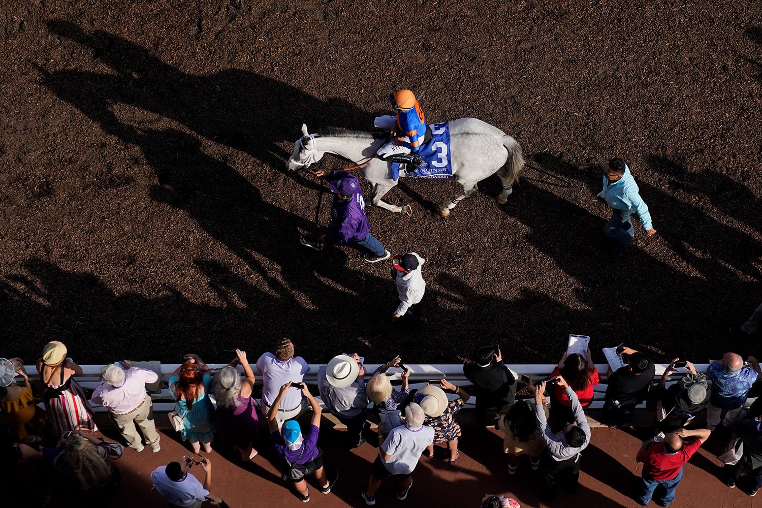  Irad Ortiz Jr. and White Abarrio pass spectators on the way to the track before the Breeders' Cup Classic horse race Saturday, Nov. 4, 2023, at Santa Anita Park in Arcadia, Calif. (AP Photo/Ashley Landis) 