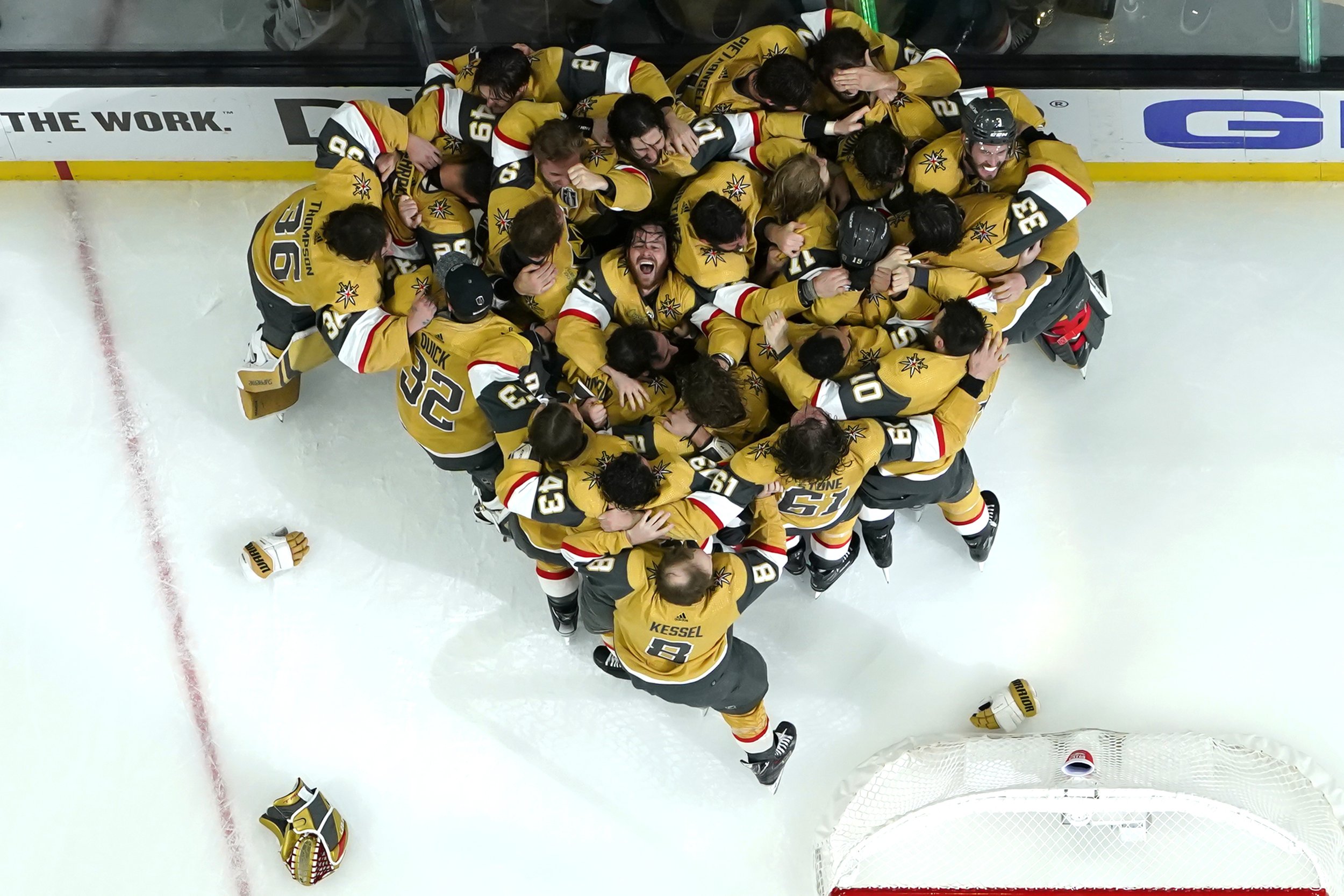  Members of the Vegas Golden Knights celebrate after defeating the Florida Panthers to win the Stanley Cup in Game 5 of the NHL hockey Stanley Cup Finals on June 13, 2023, in Las Vegas. (AP Photo/Abbie Parr) 