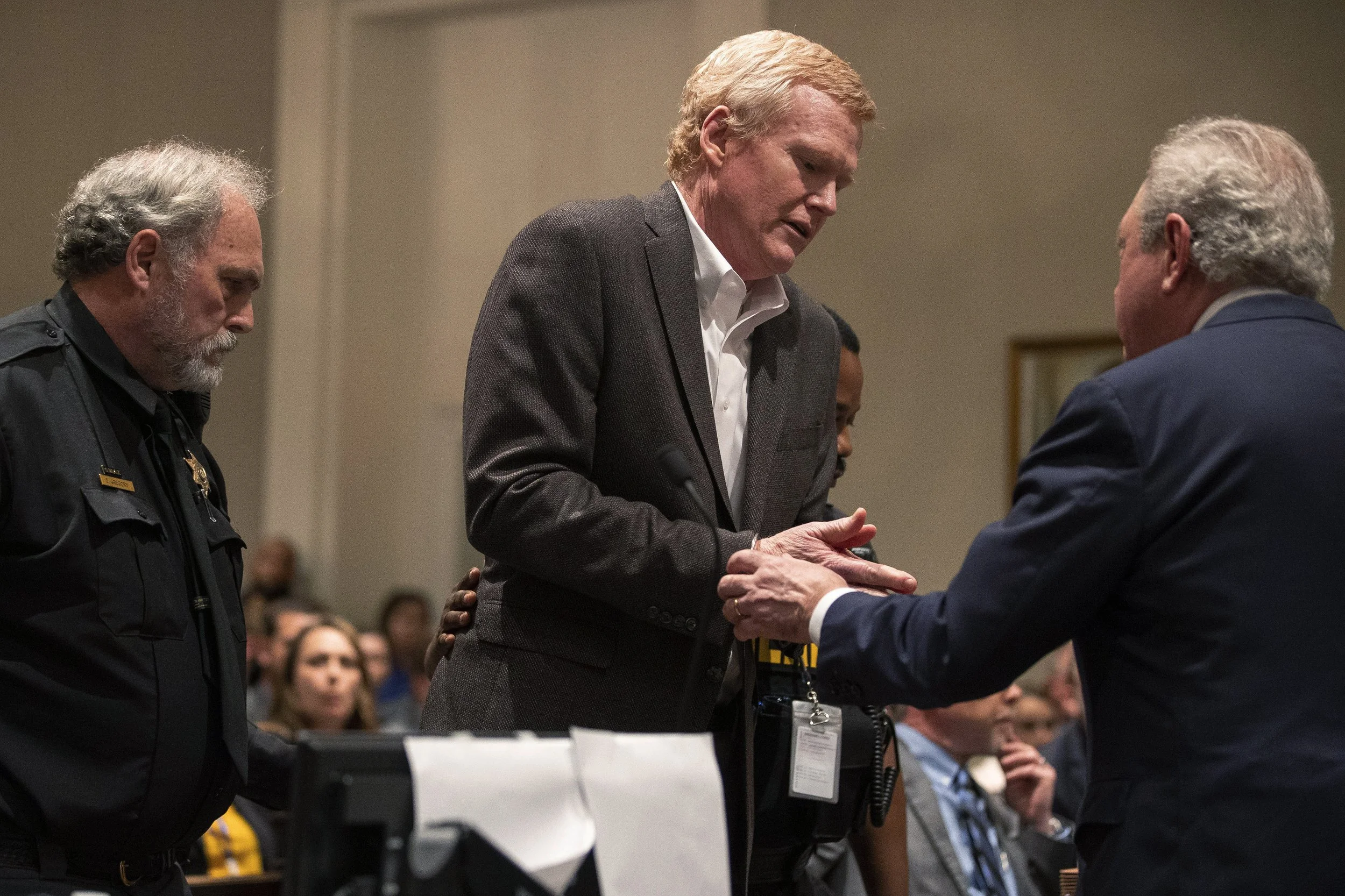  Alex Murdaugh is handcuffed at Colleton County Courthouse in Walterboro, S.C., on March 2, 2023. Murdaugh, a prominent attorney, was found guilty of murder in the 2021 shooting deaths of his wife and son. (Andrew J. Whitaker/The Post And Courier via