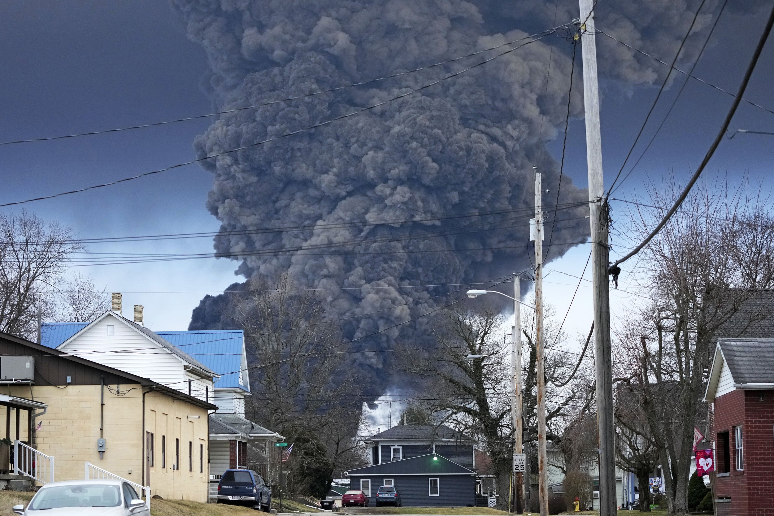  A large plume of smoke rises over East Palestine, Ohio, after a controlled detonation of a portion of a derailed Norfolk Southern train on Feb. 6, 2023. Three days earlier, about 50 cars, including 10 carrying hazardous materials, derailed in a fier