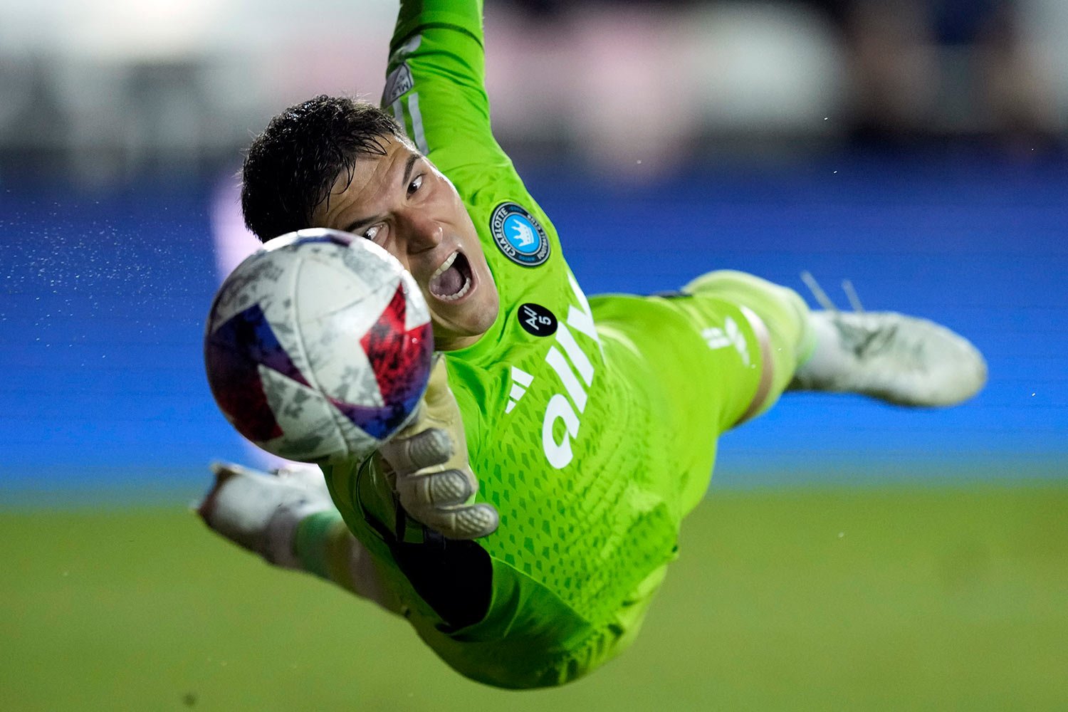  Charlotte FC goalkeeper Kristijan Kahlina deflects a shot by Inter Miami forward Leonardo Campana during the second half of an MLS soccer match on Oct. 18, 2023, in Fort Lauderdale, Fla. (AP Photo/Rebecca Blackwell) 