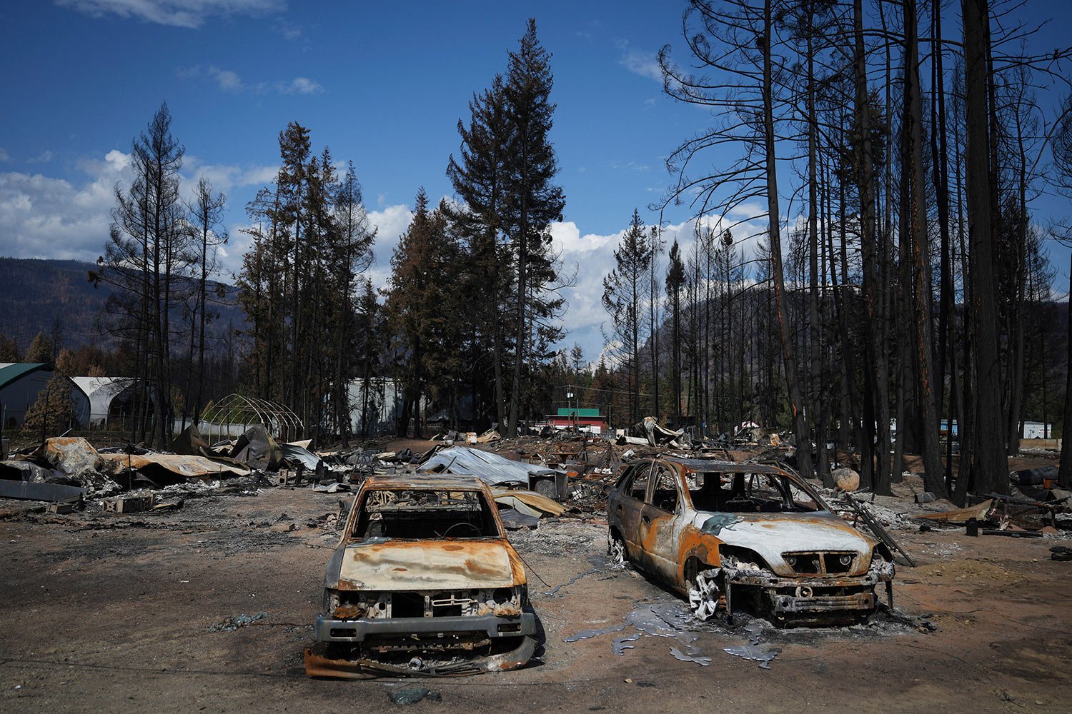  Burned vehicles and other debris are scattered about a property destroyed by the Bush Creek East wildfire, in Scotch Creek, British Columbia, Canada, on Sept. 6, 2023. (Darryl Dyck/The Canadian Press via AP) 