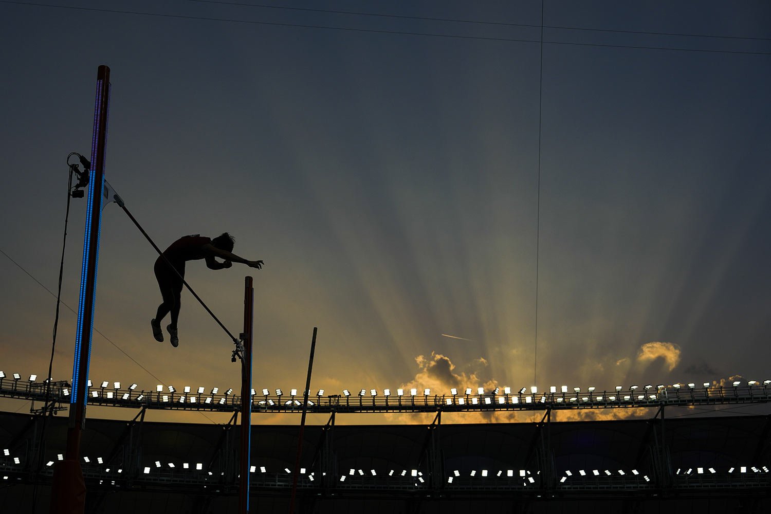  Bokai Huang, of China, competes in the men's pole vault final during the World Athletics Championships in Budapest, Hungary, Aug. 26, 2023. (AP Photo/Ashley Landis) 