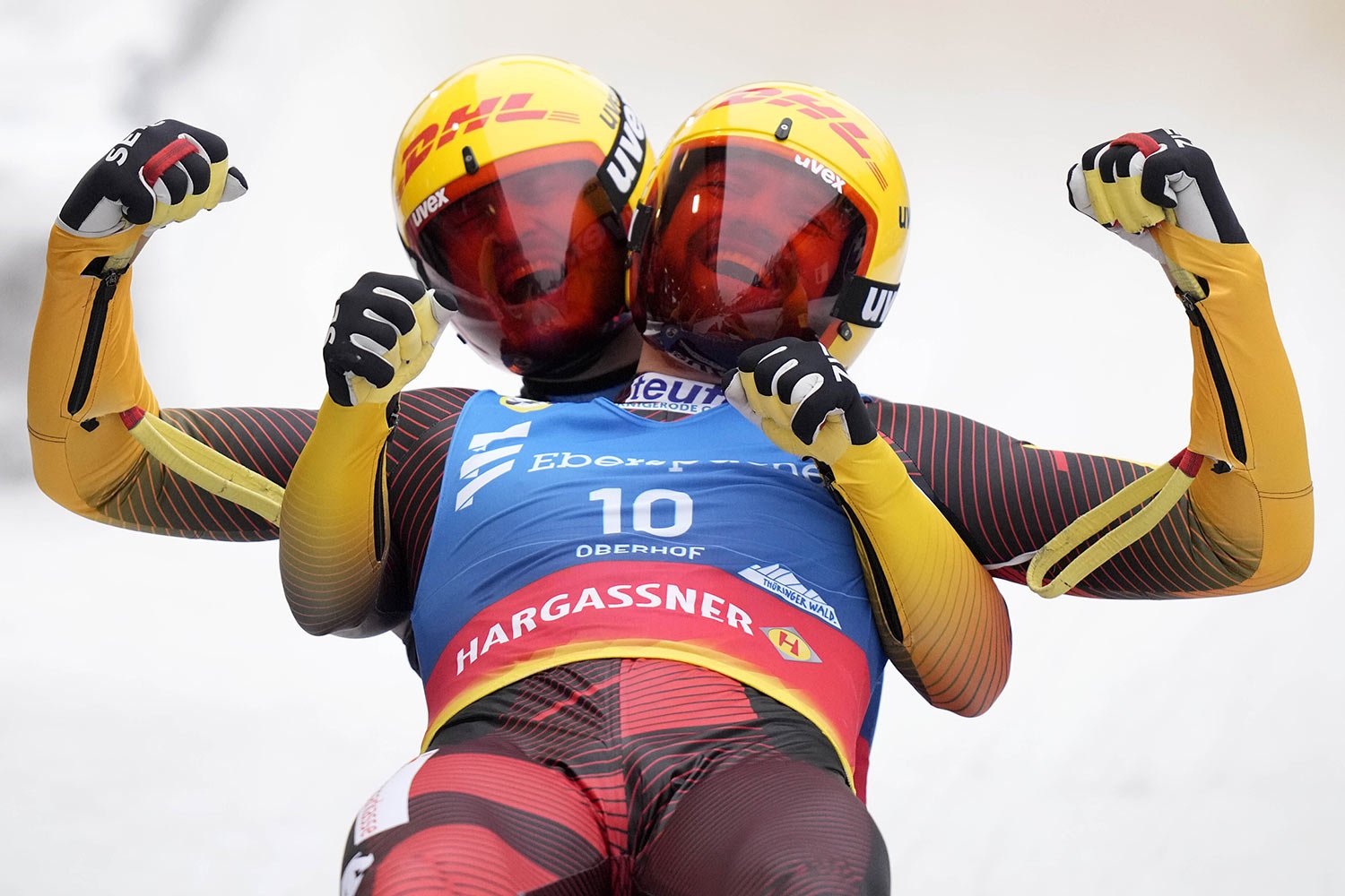  Toni Eggert and Sascha Benecken of Germany, celebrate winning the men's doubles race at the Luge World Championships in Oberhof, Germany, Jan. 28, 2023. (AP Photo/Matthias Schrader) 