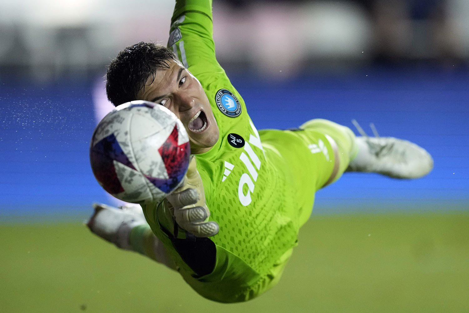  Charlotte FC goalkeeper Kristijan Kahlina deflects a shot by Inter Miami forward Leonardo Campana, during the second half of their MLS soccer match, in Fort Lauderdale, Fla., Oct. 18, 2023. (AP Photo/Rebecca Blackwell) 