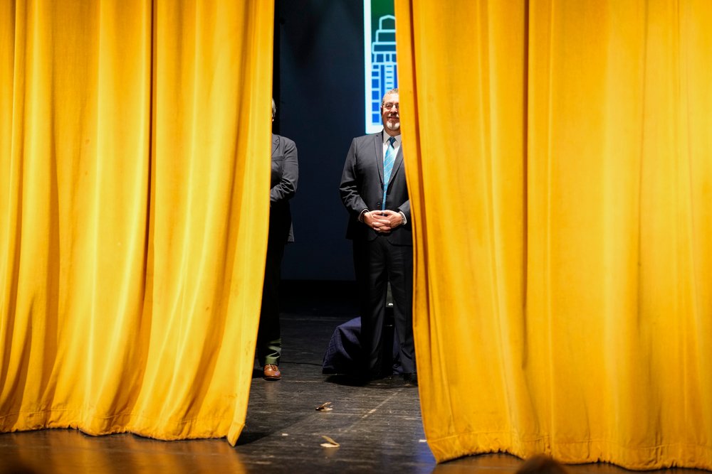  Guatemalan President-elect Bernardo Arévalo stands behind stage curtains after a press conference announcing his Cabinet in Guatemala City,  Jan. 8, 2024. (AP Photo/Moises Castillo, File) 