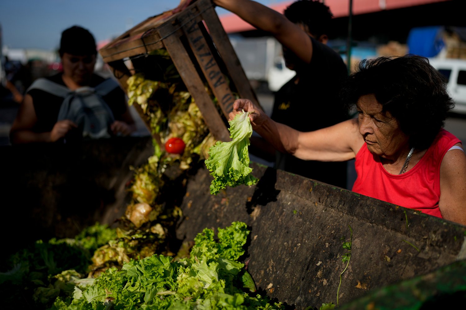  A woman culls through produce discarded by vendors at a market on the outskirts of Buenos Aires, Argentina, Jan. 10, 2024, as the annual inflation rate soared past 200%. (AP Photo/Natacha Pisarenko) 