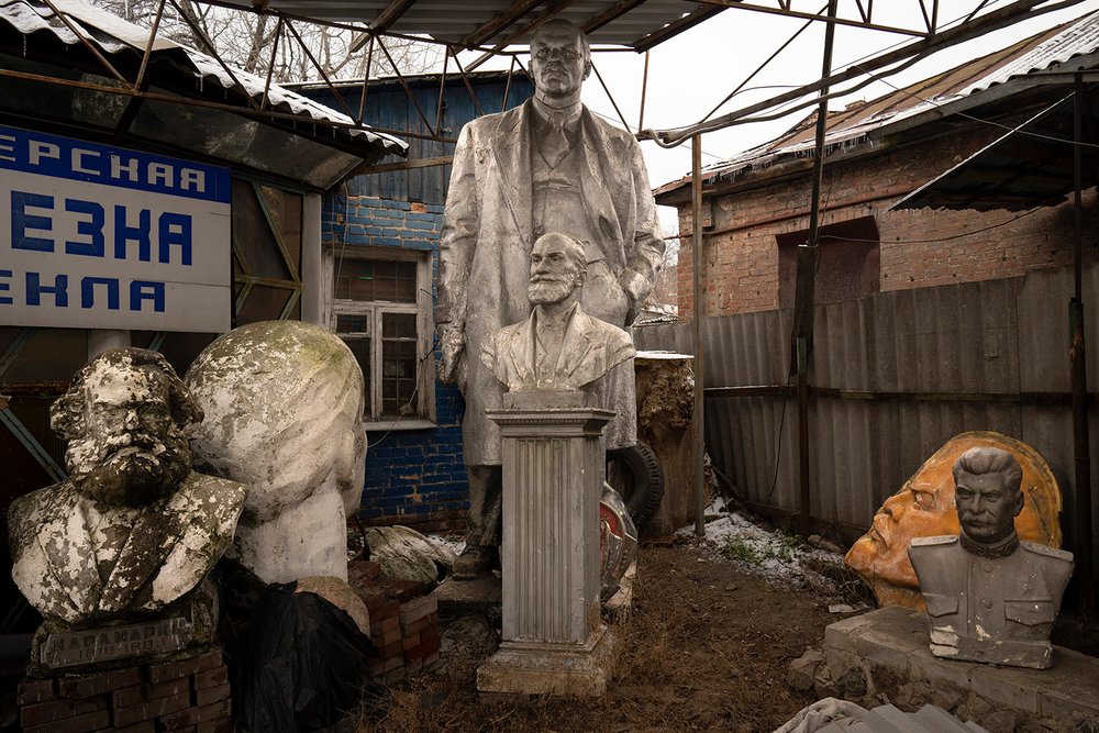  Soviet-era statues are discarded outside a glass workshop in Kharkiv, Ukraine, Tuesday, Feb. 28, 2023.  (AP Photo/Vadim Ghirda) 