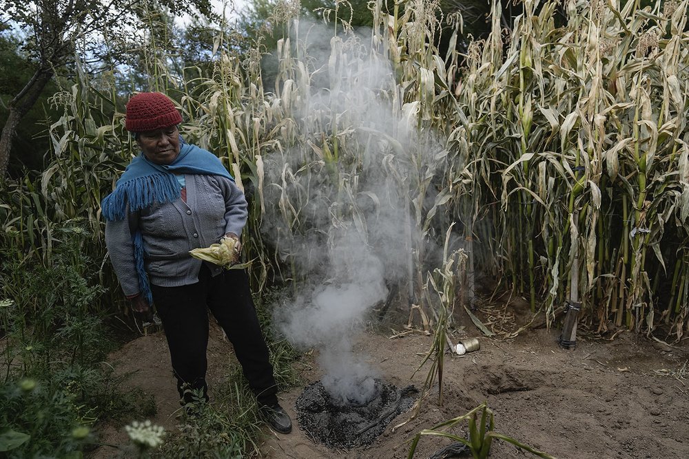  Irene Leonor Flores de Callata, 68, performs a brief ceremony to thank the earth after inspecting her corn crop at her home in Tusaquillas, Jujuy Province, Argentina, April 23, 2023.  
