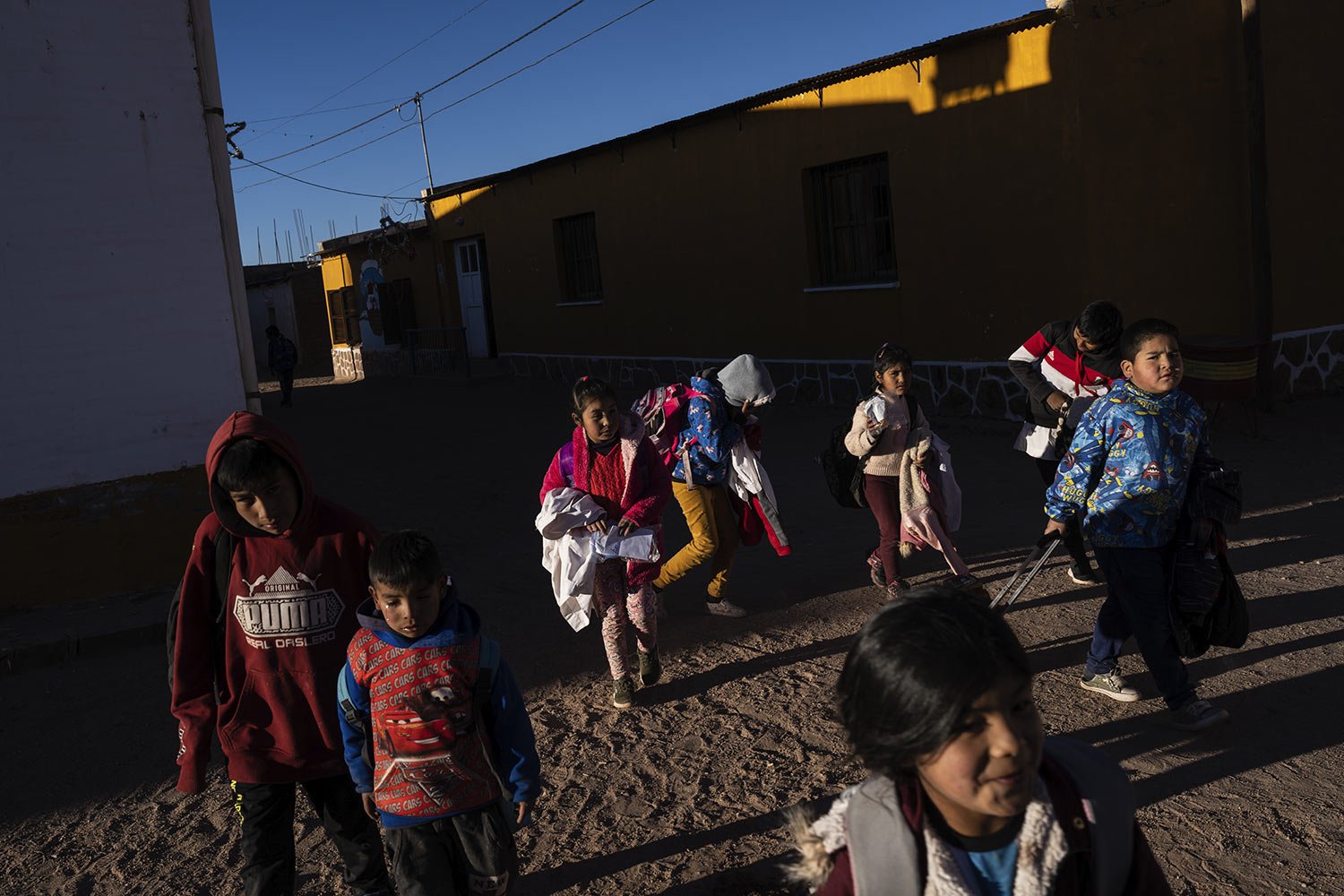  Children leave at the end of the school day in Huancar, Jujuy Province, Argentina, April 25, 2023.  