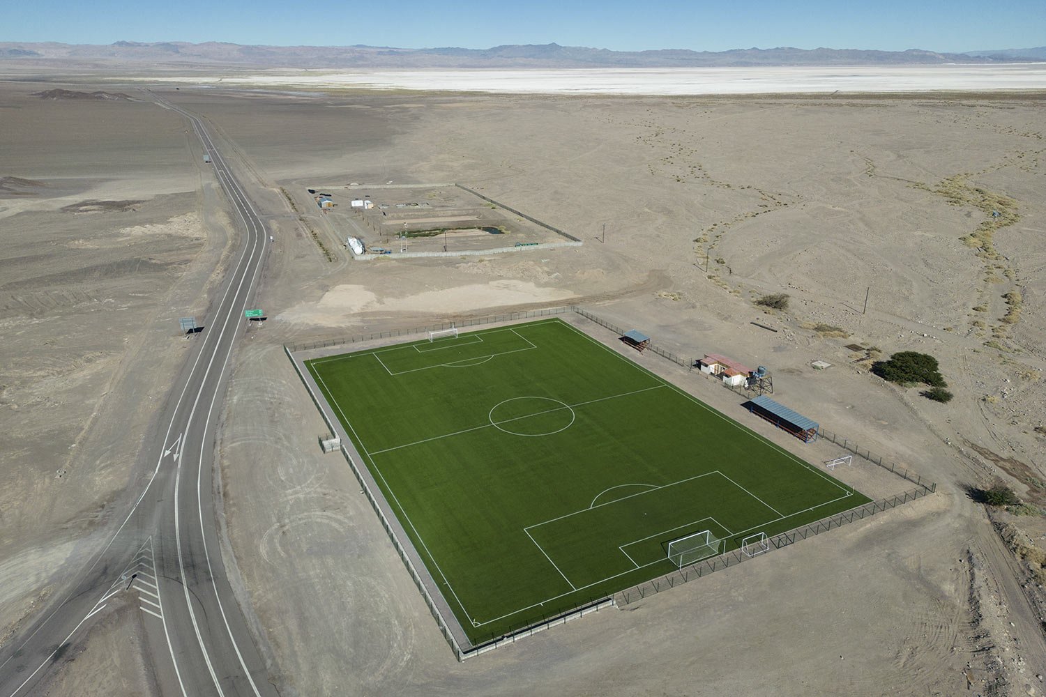  A soccer field sits in the desert near Peine, Chile, April 20, 2023. (AP Photo/Rodrigo Abd) 