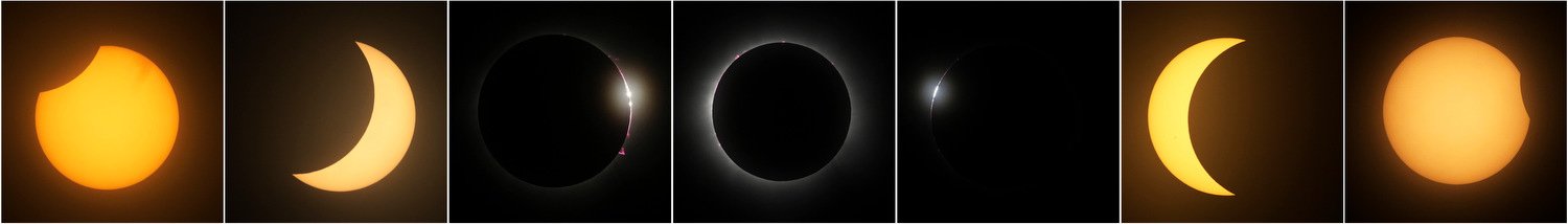  This combination of photos shows the path of the moon, from right to left, during a total solar eclipse, seen from Mazatlan, Mexico, April 8, 2024. (AP Photo/Fernando Llano) 