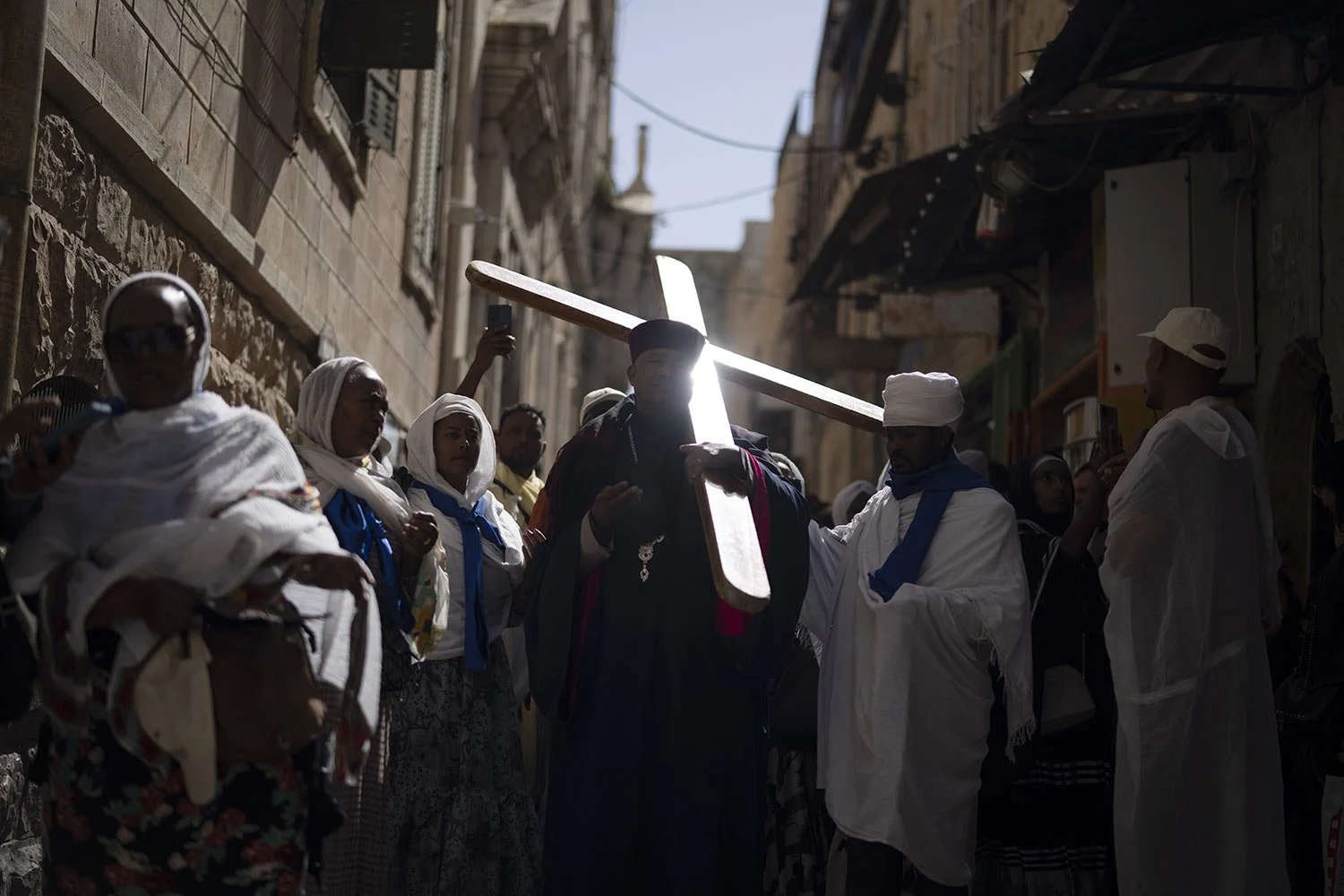  Ethiopian Orthodox Christian worshippers walk the Way of the Cross procession that commemorates Jesus Christ's crucifixion on Good Friday, in the Old City of Jerusalem, Friday, May 3, 2024. (AP Photo/Leo Correa) 