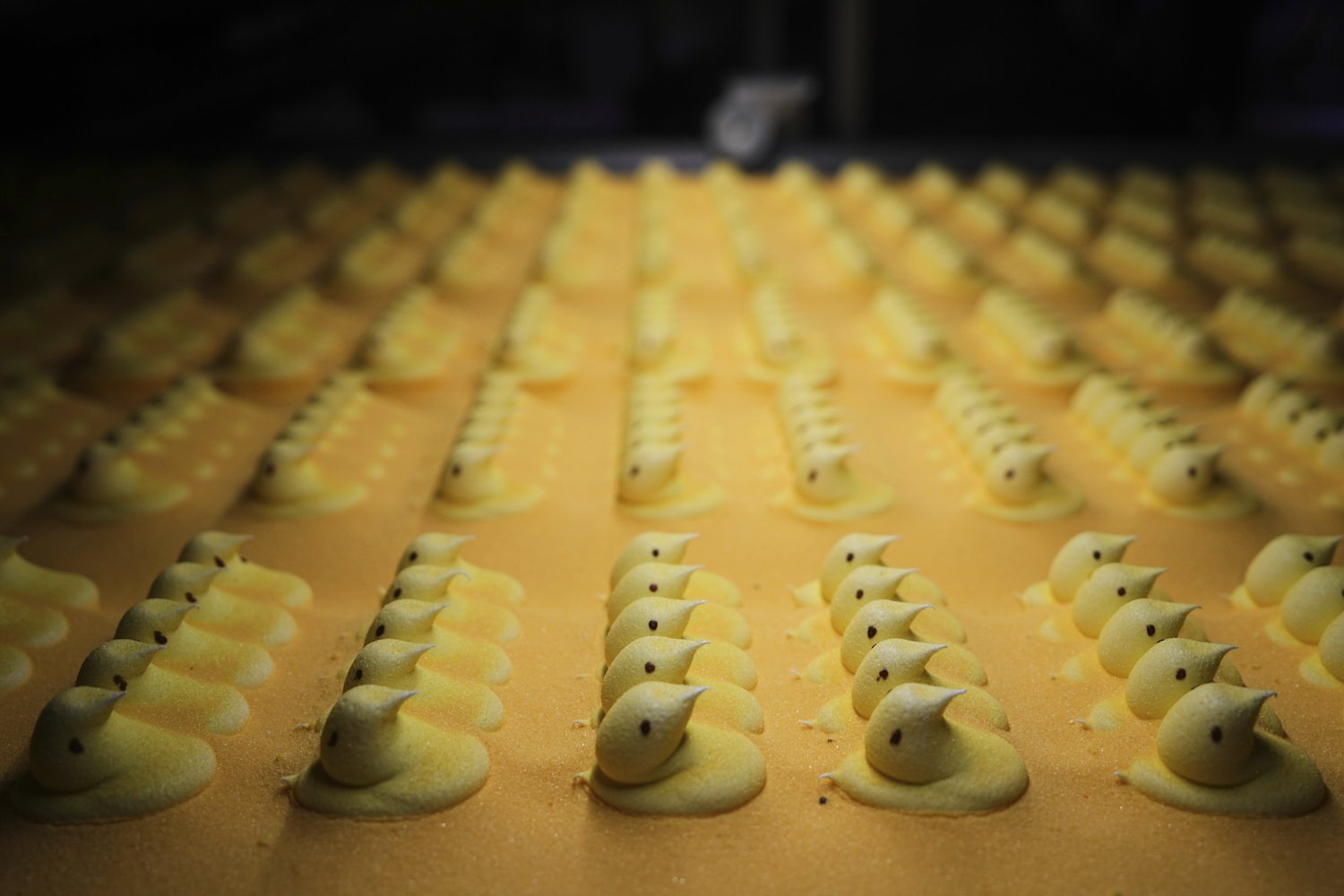 Peeps marshmallow treats move through the manufacturing process at the Just Born factory in Bethlehem, Pa.(AP Photo/Matt Rourke)