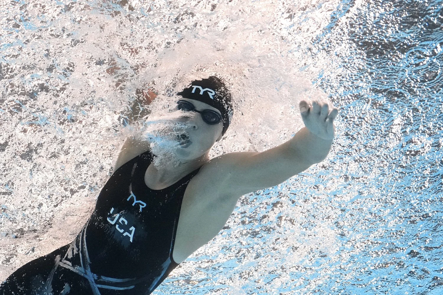 Katie Ledecky of the United States competes in the women's 1500m freestyle final at the World Aquatics Championships in Singapore, Tuesday, July 29, 2025. (AP Photo/Lee Jin-man)