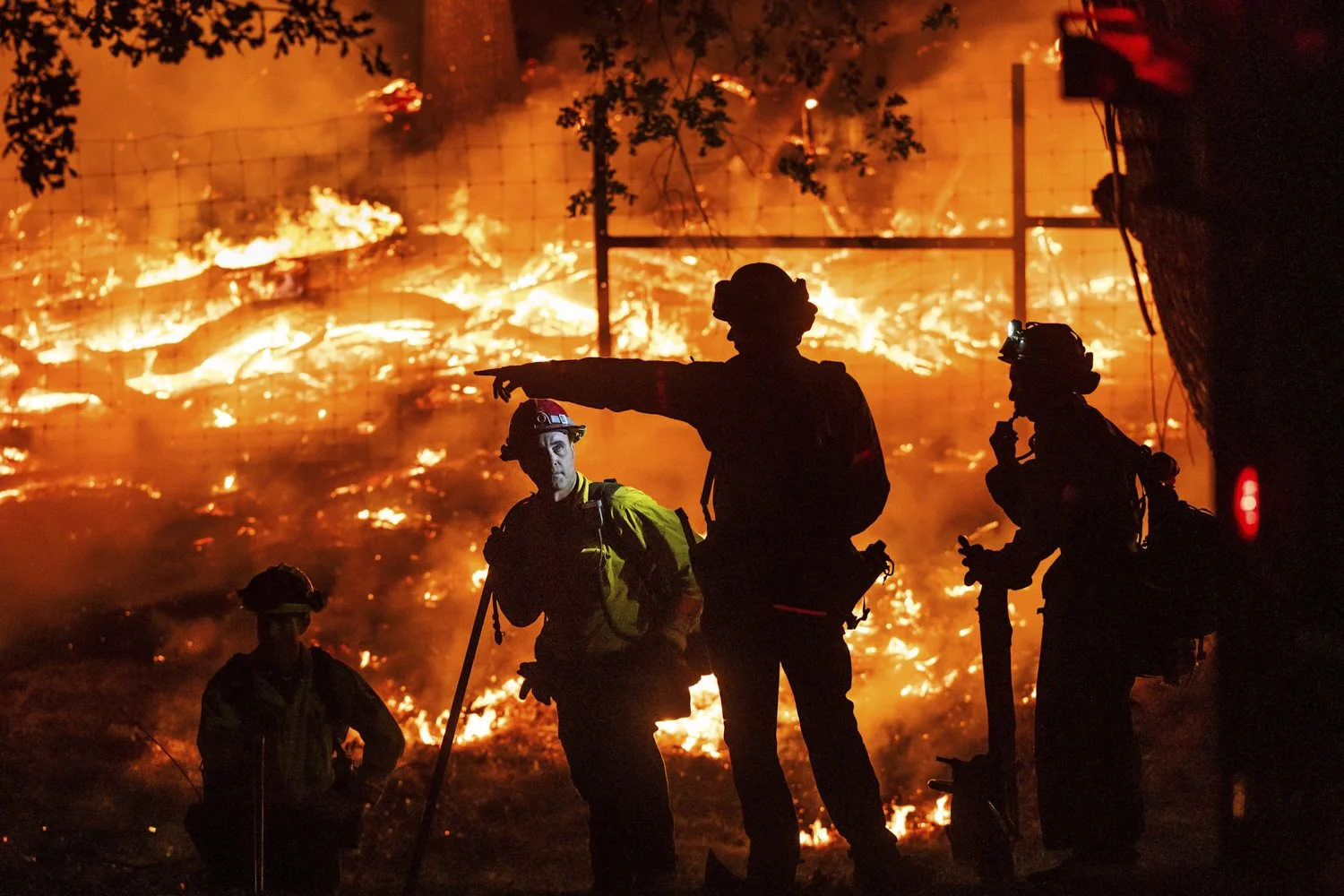 Firefighters battle the Pickett Fire in the Aetna Springs area of Napa County, California, Aug. 23, 2025. (AP Photo/Noah Berger)