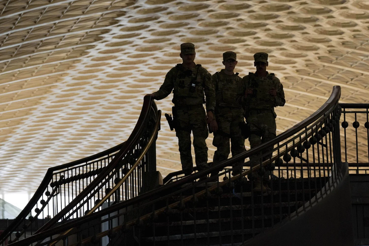 Members of the Louisiana National Guard patrol at Union Station in Washington, Aug. 26, 2025. (AP Photo/Jose Luis Magana)